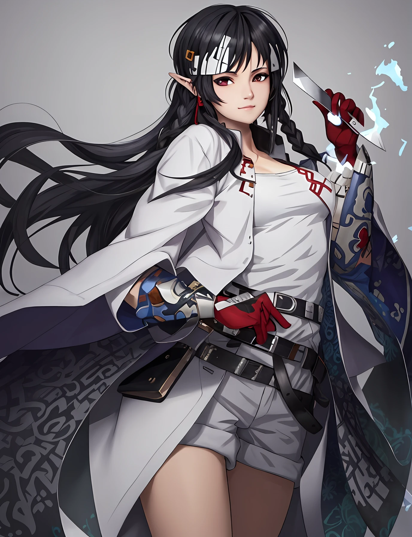 anime girl with long black hair and white shirt holding a knife, albedo from the anime overlord, albedo from overlord, guweiz, anime girl with long hair, detailed anime character art, by Yang J, artwork in the style of guweiz, guweiz on artstation pixiv, guweiz on pixiv artstation