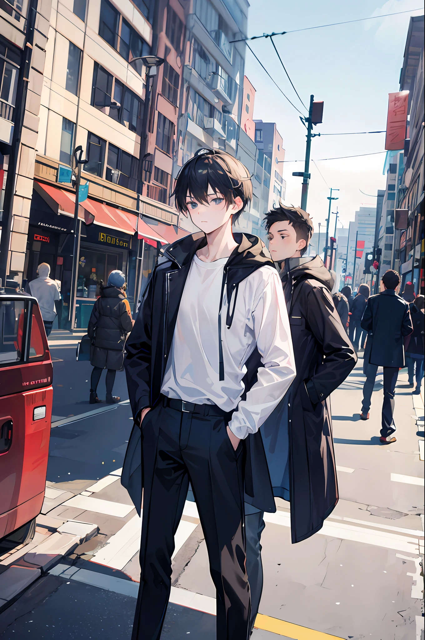1boy,day city,White shirt White T-shirt, outside, a lot of people looking down,coat,hands in pockets
