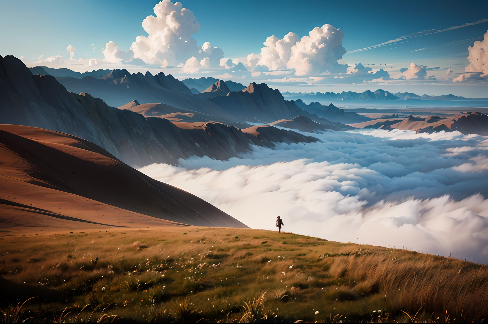 (no human), (masterpiece), (high detail), (highest resolution), {scenery}, cinematic lighting, realistic, CG 4K wallpaper, Far sight, far view, horizon, wide sky, faraway little mountain, grass plain landscape, clouds, layers of clouds, waves of cluds, detailed clouds, calming atmosphere, depth of field, volumetric color