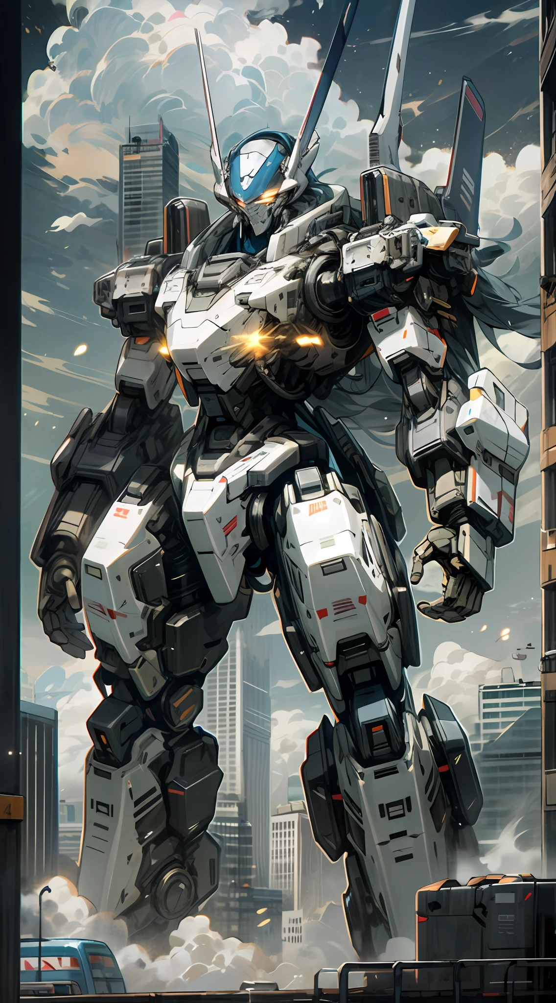 sky, cloud, holding_weapon, no_humans, glowing, , robot, building, glowing_eyes, mecha, science_fiction, city, realistic,mecha , full hd, 4 k