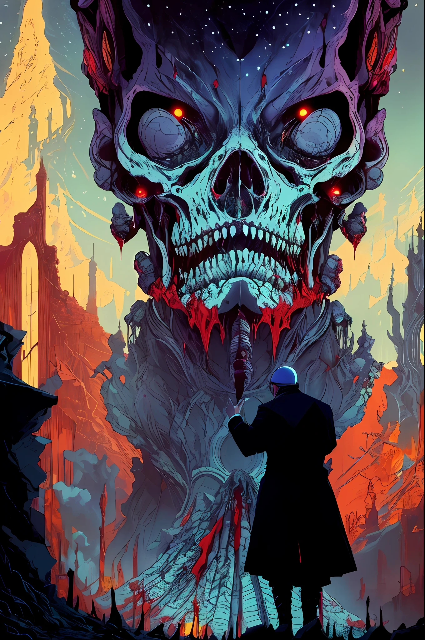 Pope giving speech to crowd of dead, war, horror, cosmic terror, dark tones, morbid atmosphere, nuclear disaster, dystopia, nightmare, blood, Apocalypse, Lovecraft, Anime by Kilian Eng