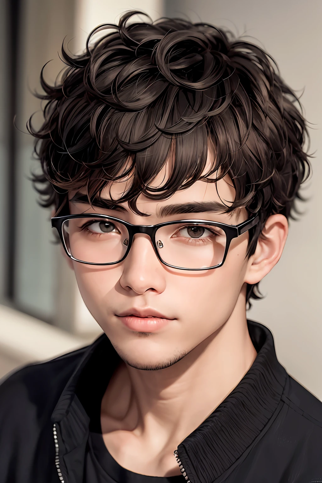 close-up of a person wearing glasses, very short and curly hair, short curly black hair, curly bangs, curly noise, curly black hair, skinny face of 17 year old boy, wavy short brown hair, medium - long c