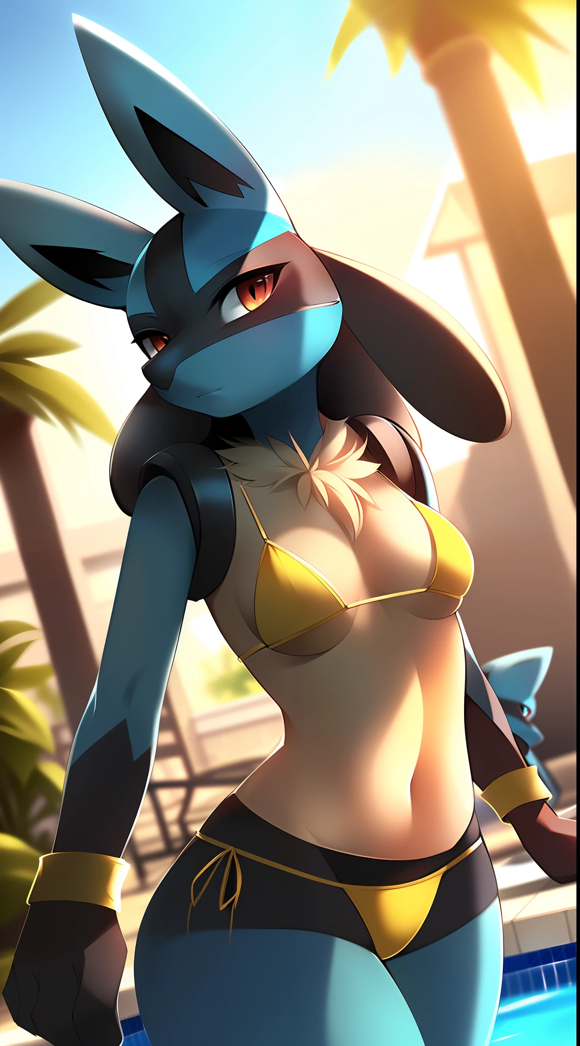 uploaded on e621, (((by Tsampikos))), solo female (((Lucario))), wear (((golden wristband and jewelry and golden bikini))), (detailed Lucario), (detailed lighting),(detailed fur), (detailed breasts), (detailed skin), BREAK, ((standing at hotel suite outdoor swimming pool with plant on sunny day)), (cinematic lighting), ((detailed background)), ((depth of field)), (half body shadow), ((looking at viewer)), (low-angle view), ((three-quarter view)), [backlighting], [detailed ambient light], [gray natural lighting], [ambient light on the belly], [realistic proportions], [explicit content, adult, nsfw], [sharp focus], (questionable content), (shaded), (hi res), ((masterpiece)), half-closed eyes