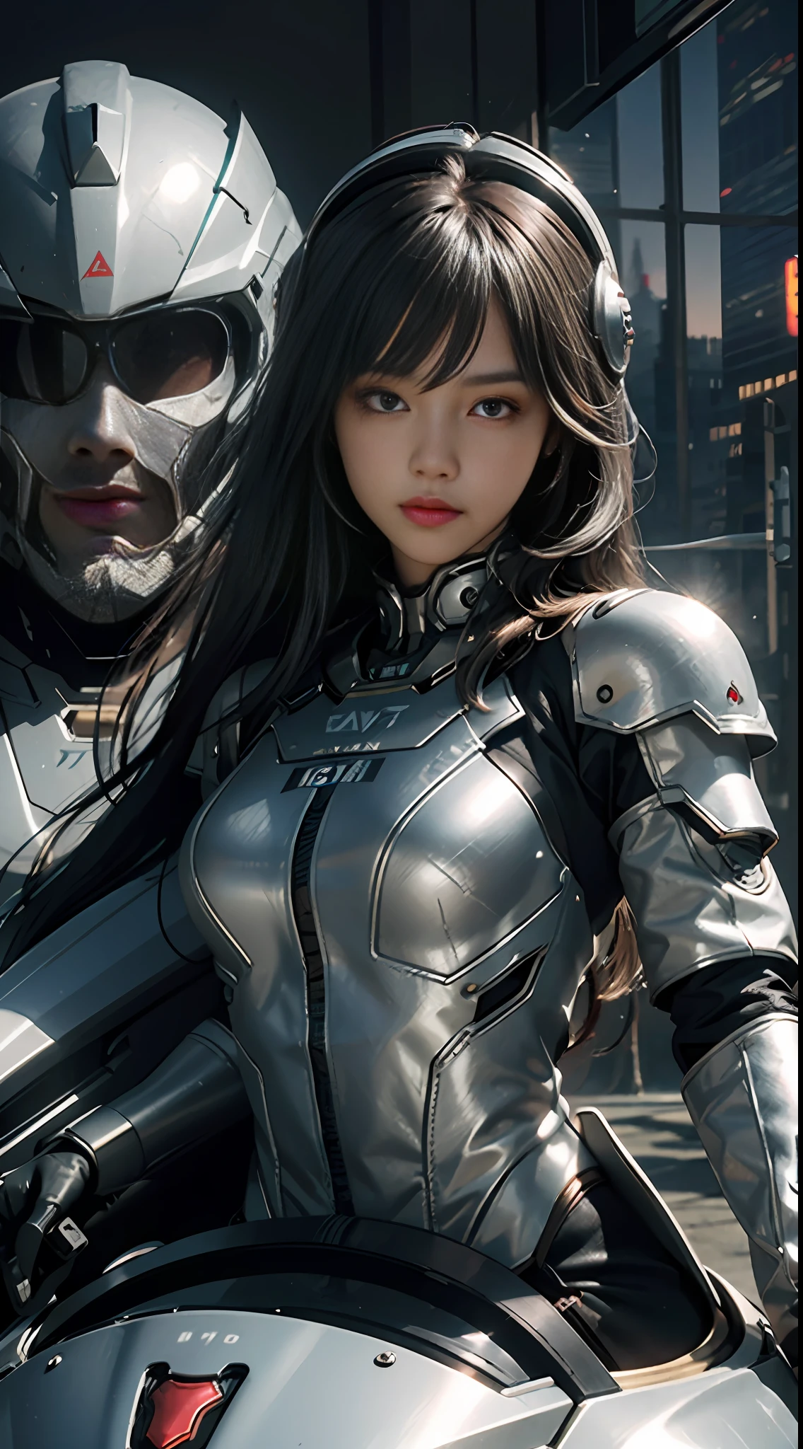 Highest image quality, outstanding detail, ultra-high resolution, (realism: 1.4), the best illustration, favor details, highly condensed 1girl, looking at viewer,with a delicate and beautiful face, wearing a silver mech, wearing a mecha helmet, holding a directional controller, riding on a motorcycle, the background is a high-tech lighting scene of the future city.