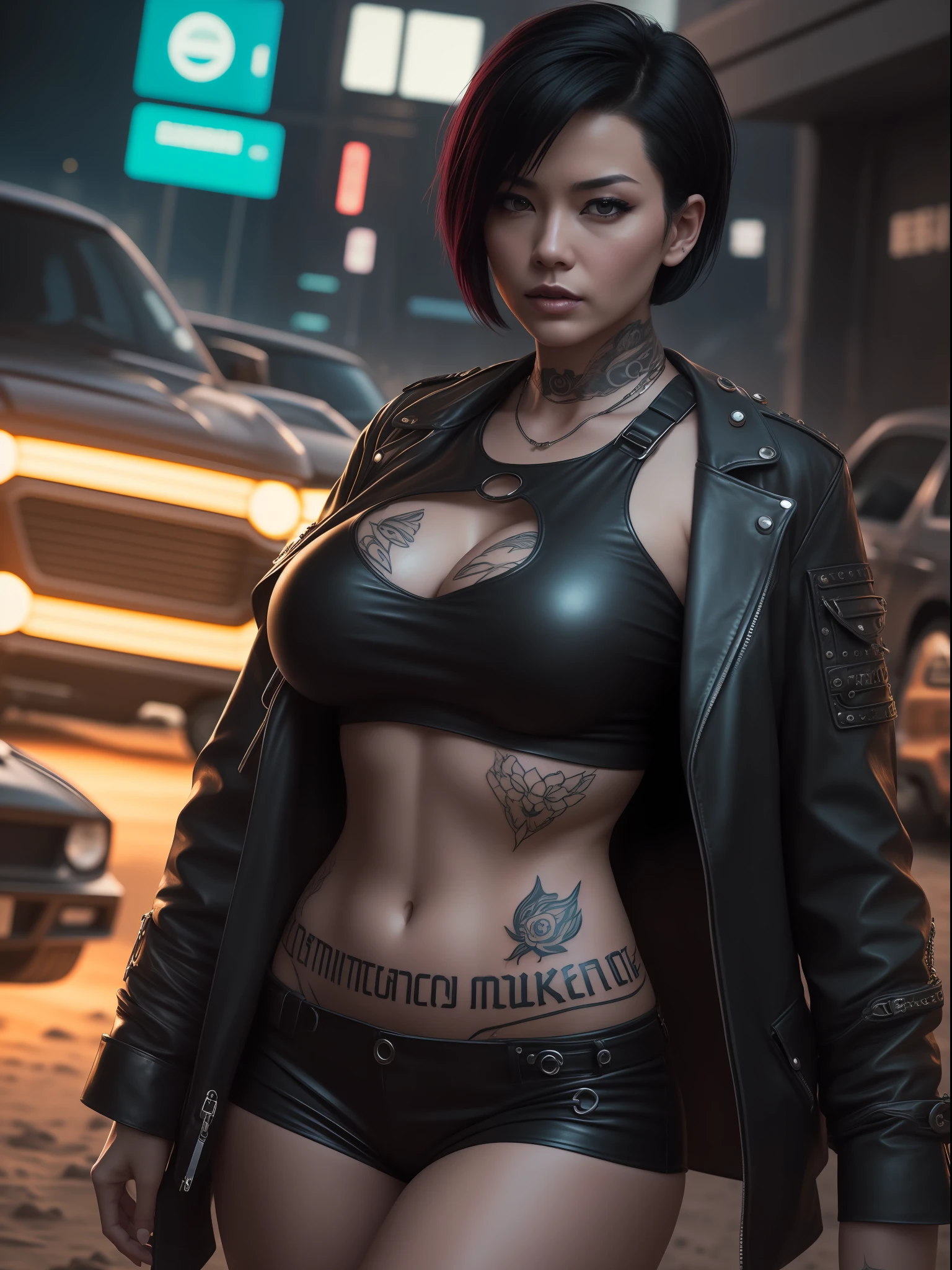 Close-up, a gorgeous woman with huge breasts in the desert, punk leather outfit, tattoos, with mad max style cars in the background, short black hair, day. cyberpunk aesthetics, action film shot by Kon Satoshi, Semi Impasto style, matte paint, atmospheric, bright, dramatic lighting