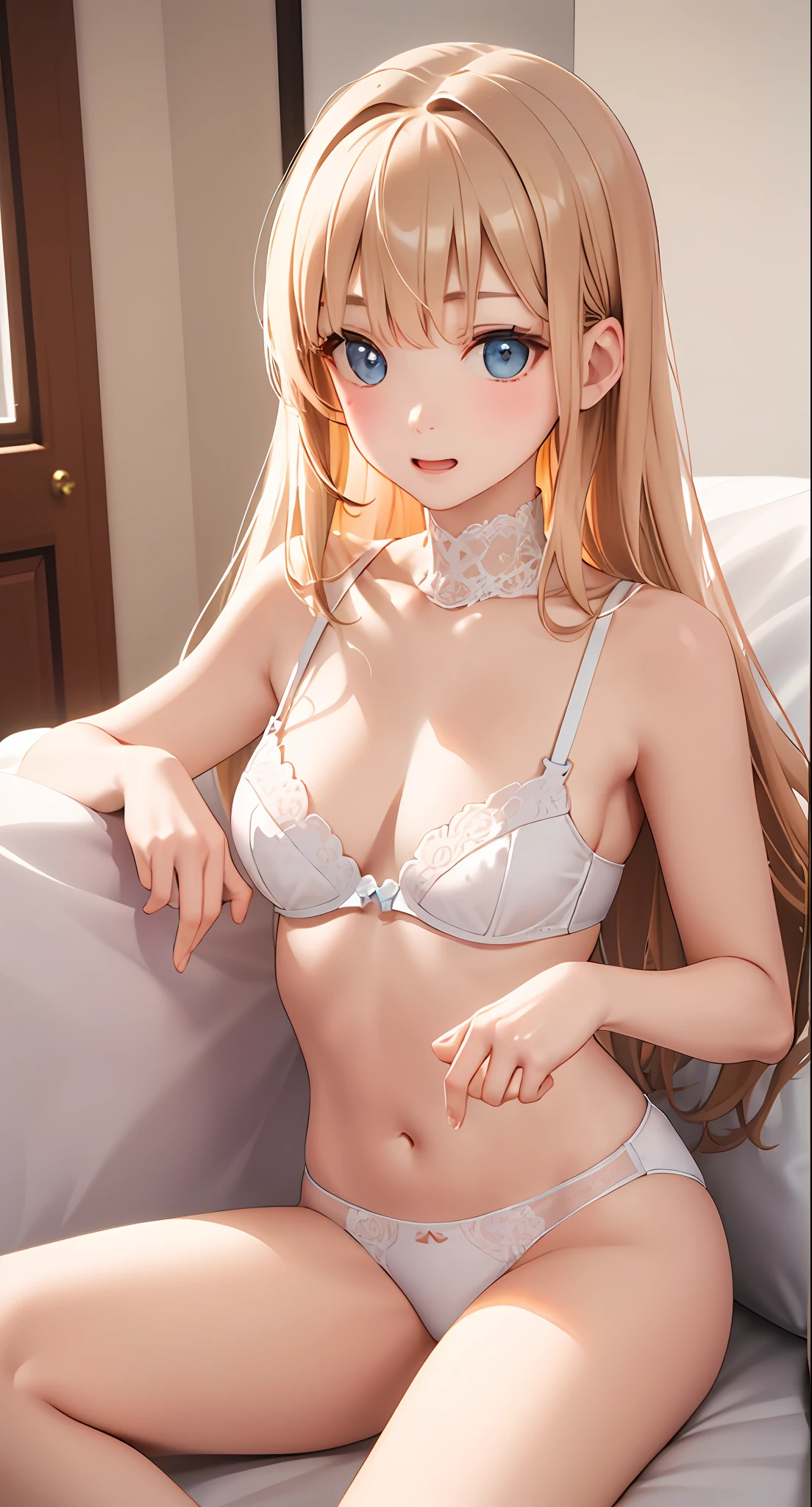 (Real: 1.4), (Masterpiece, Side Light, Fine Beautiful Eyes: 1.2), Masterpiece*Portrait、、、、, Realistic, 3D Face, Luminous Eyes, Glossy Hair, Skin Falling Out, Solo、、、、, Embarrassing, (Epigastric), White underwear, Blonde hair, (Princess) fresh eyes, eight-headed body,