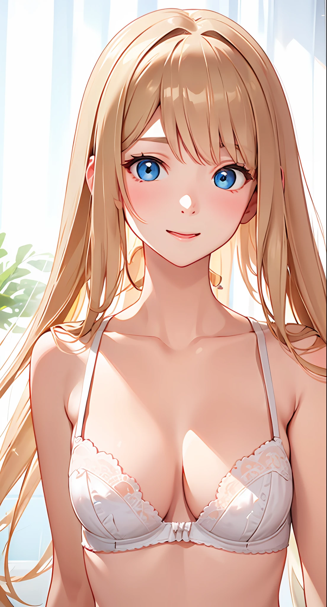(Real: 1.4), (Masterpiece, Side Light, Fine Beautiful Eyes: 1.2), Masterpiece*Portrait、、、、, Realistic, 3D Face, Luminous Eyes, Glossy Hair, Skin Falling Out, Solo、、、、, Embarrassing, (Epigastric), White underwear, Blonde hair, (Princess) fresh eyes, eight-headed body,