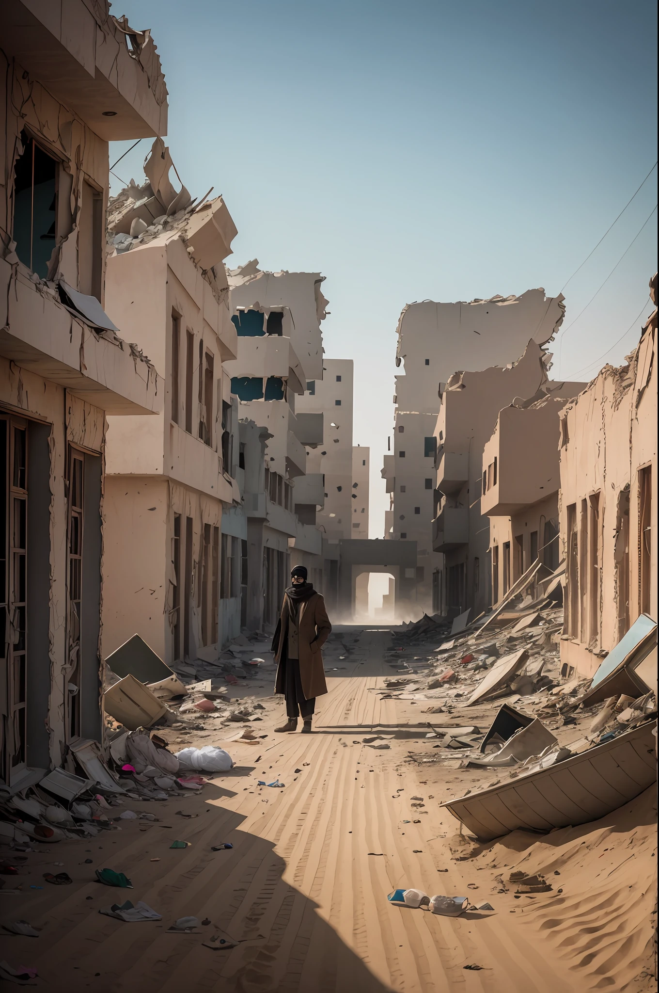 Amazing detailed photography of a prefect post apocalyptic abandoned town in Afghanistan, damaged buildings, sand covered, windy, empty town, garbage and wreckage, 1guy in a long black overcoat with a scarf and goggles standing in the center of the frame, cinematic, eerie, dusty, lonely, scary, tpmm 1.4,cinematic, drama, Cinematic light, soft light