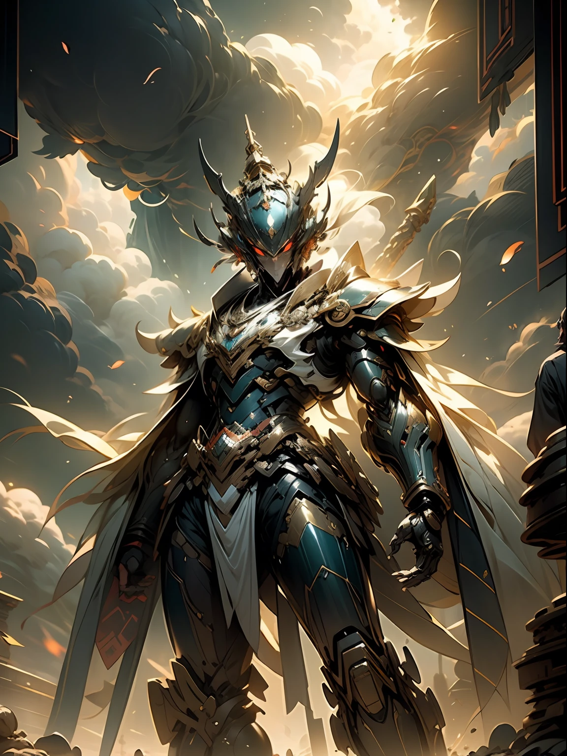 Sky, clouds, holding_weapon, no_humans, luminescence, glowing_eyes, robots, mecha, exquisite fairy costumes, ancient Chinese costumes