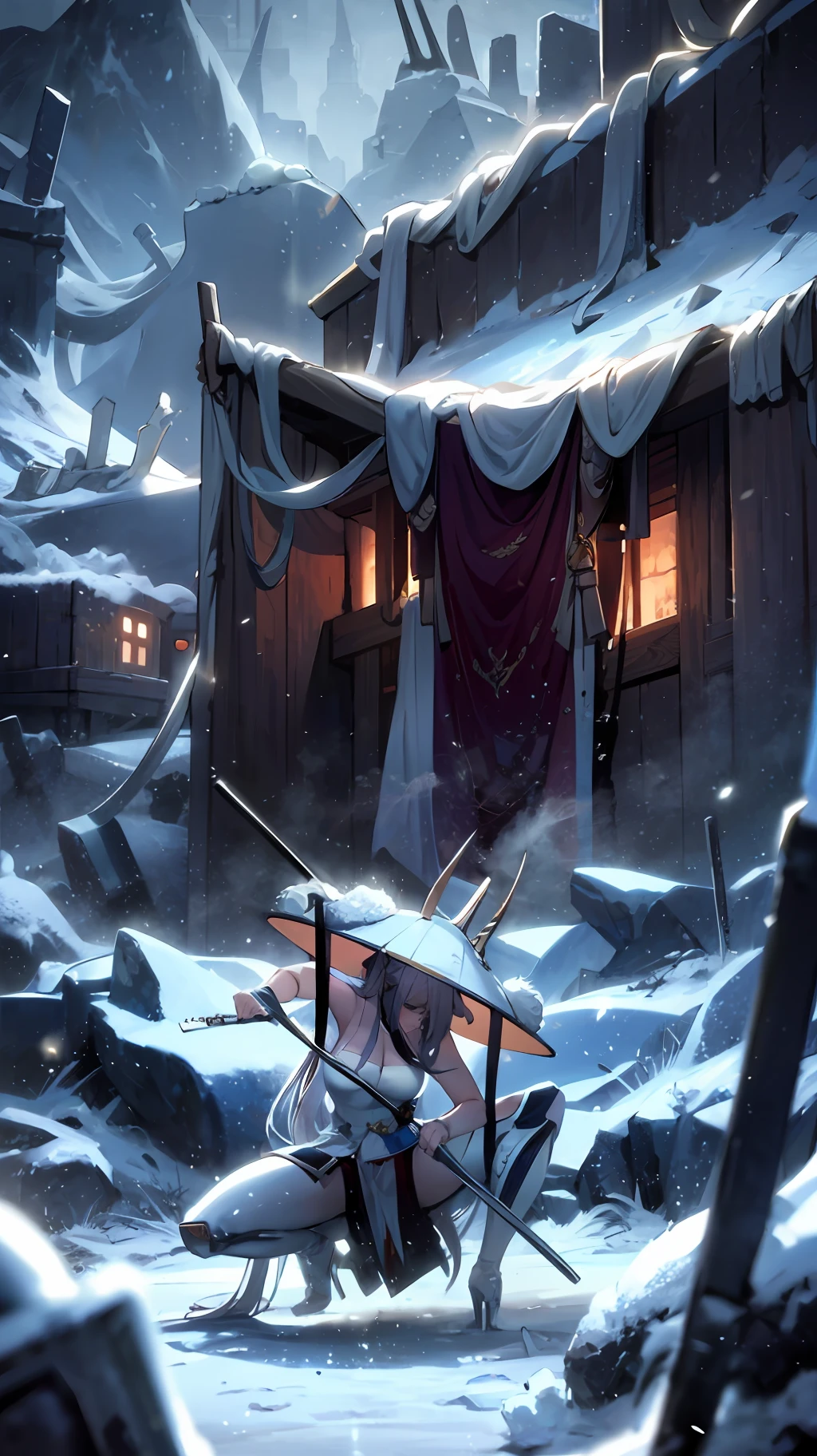 A swordsman leans down to draw a knife, wearing a big hat, movie shots fighting, opening, smoke, scene special effects, background in the ice field, ice and snow special effects, iceberg