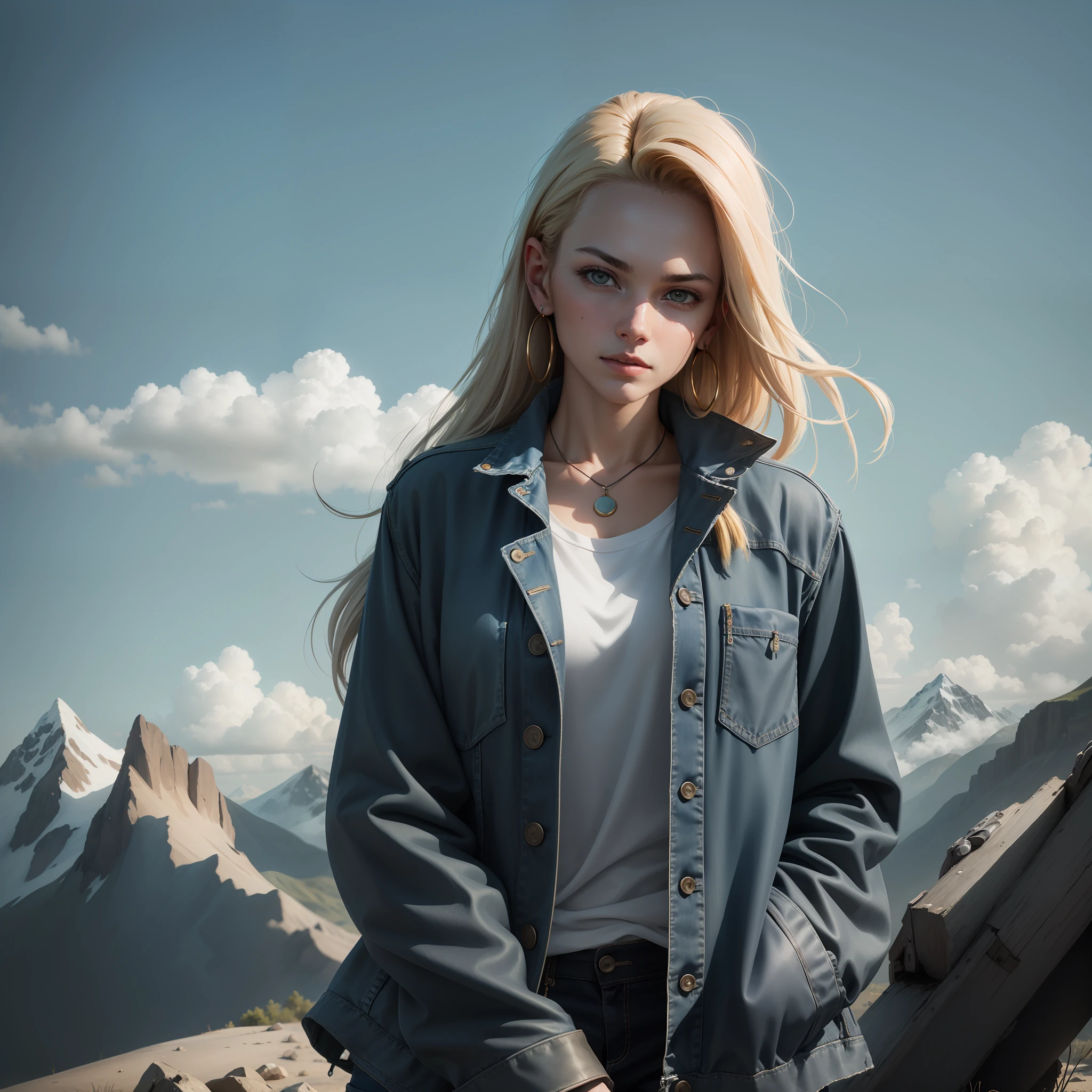 masterpiece, (photorealistic:1.4), best quality, beautiful lighting, Android18DB, solo, earrings, jewelry, looking_at_viewer, jacket, denim, shirt, upper_body, vest, denim_jacket, cloud, sky, black_shirt, closed_mouth, day, blue_sky, outdoors, torn_clothes, striped, striped_sleeves, mountain, RAW photo, 8k uhd, film grain,