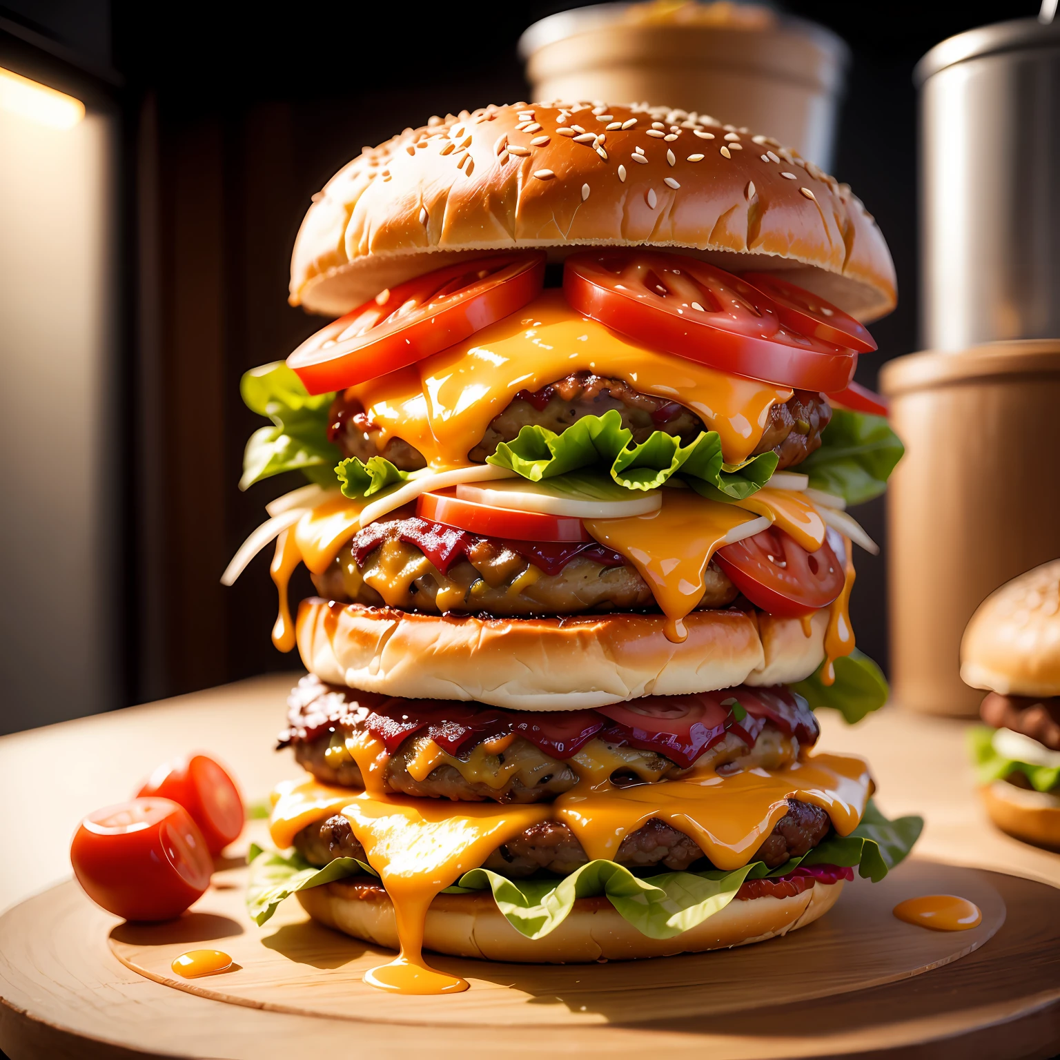 a delicious triple meat burger with bacon and yellow cheese, accompanied with a glass of whiskey on the rocks --auto