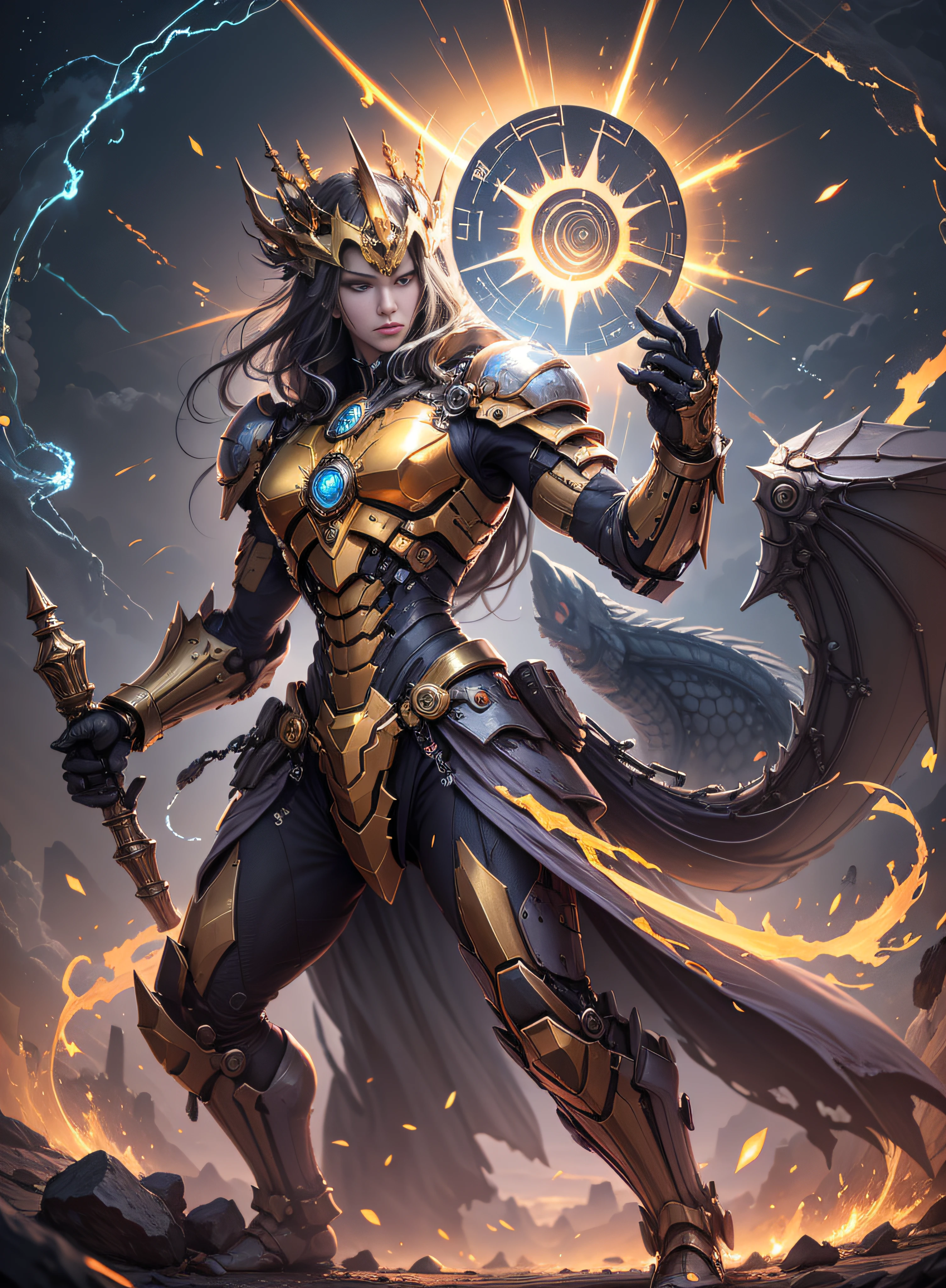 1 demon, emperor of darkness, detailed eyes, detailed face, detailed skin, mature body, tall body, seductive body, whole body, desert BREAK and pyramid bottoms, holding only a holy sun scepter, phoenix dragon in the sky, highly saturating sun rays, holy ceremony, angelic halo, dazzling golden and orange spark around, sacred magic circle, golden crown, golden majestic lightning, best quality, masterpiece, trend in art station, BREAK, detailed, realistic, highly detailed digital art 8k, octane rendering, bioluminescent, concept art resolution BREAK 8K, realism, by studios Mappa, masterpiece, best quality, official art, illustration, ligne claire, (cool_color), perfect composition, absurdists, fantasy, focused, full body in attack pose, night sky with clouds, full moon, 8k,