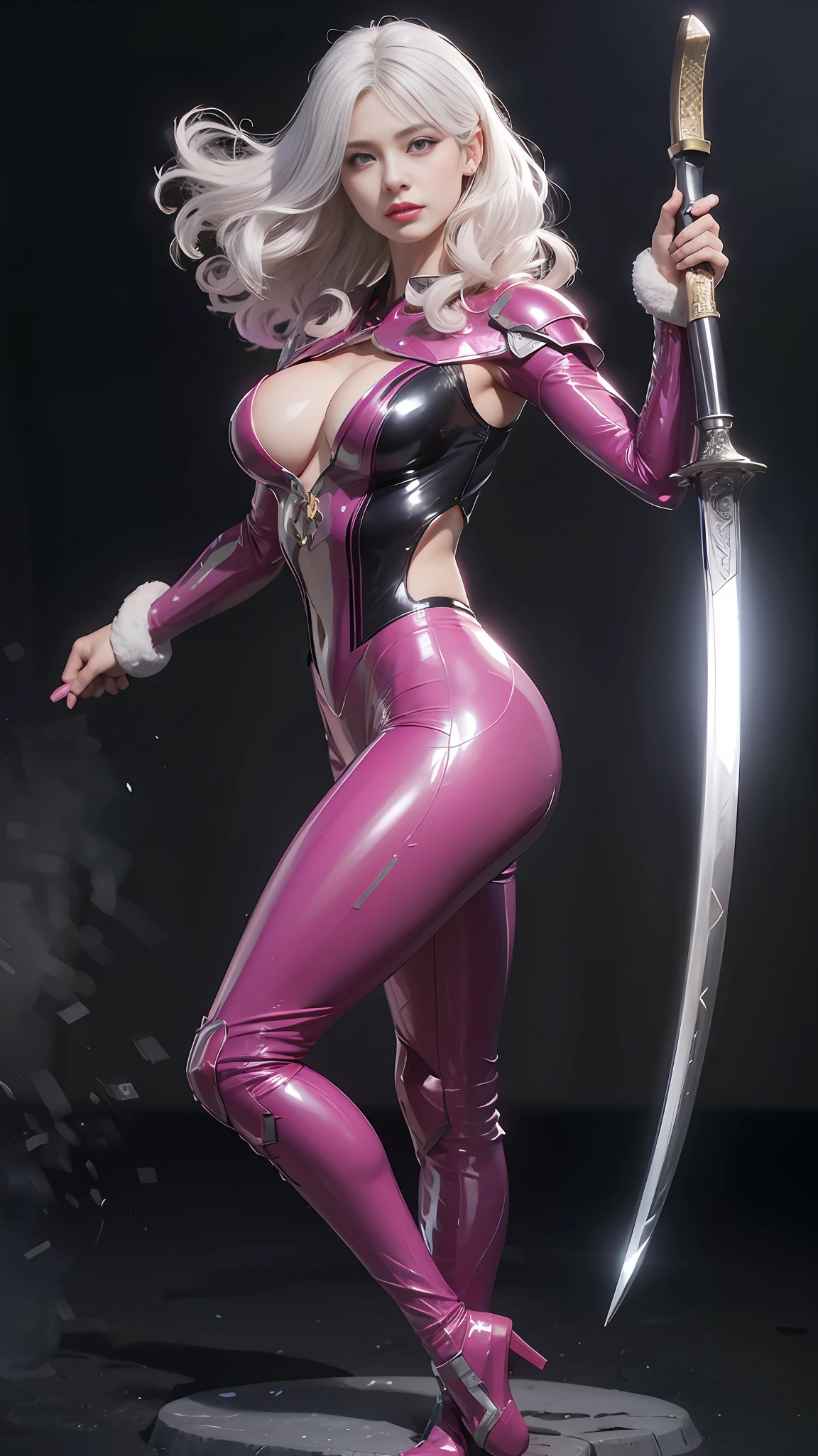 A woman holding a sword in a pink latex costume, clear eyes, symmetrical eyes, dark eye shadow, smooth pink armor, katana zero video game character, pink iconic character, streamlined pink armor, pink body, 3 D rendered character art 8 K, portrait of Ninja Dragon Kenden girl, extremely detailed Artgerm, anime character; Full body art, sharp silver armor fuchsia skin, Rostelland 8 K, pink skin