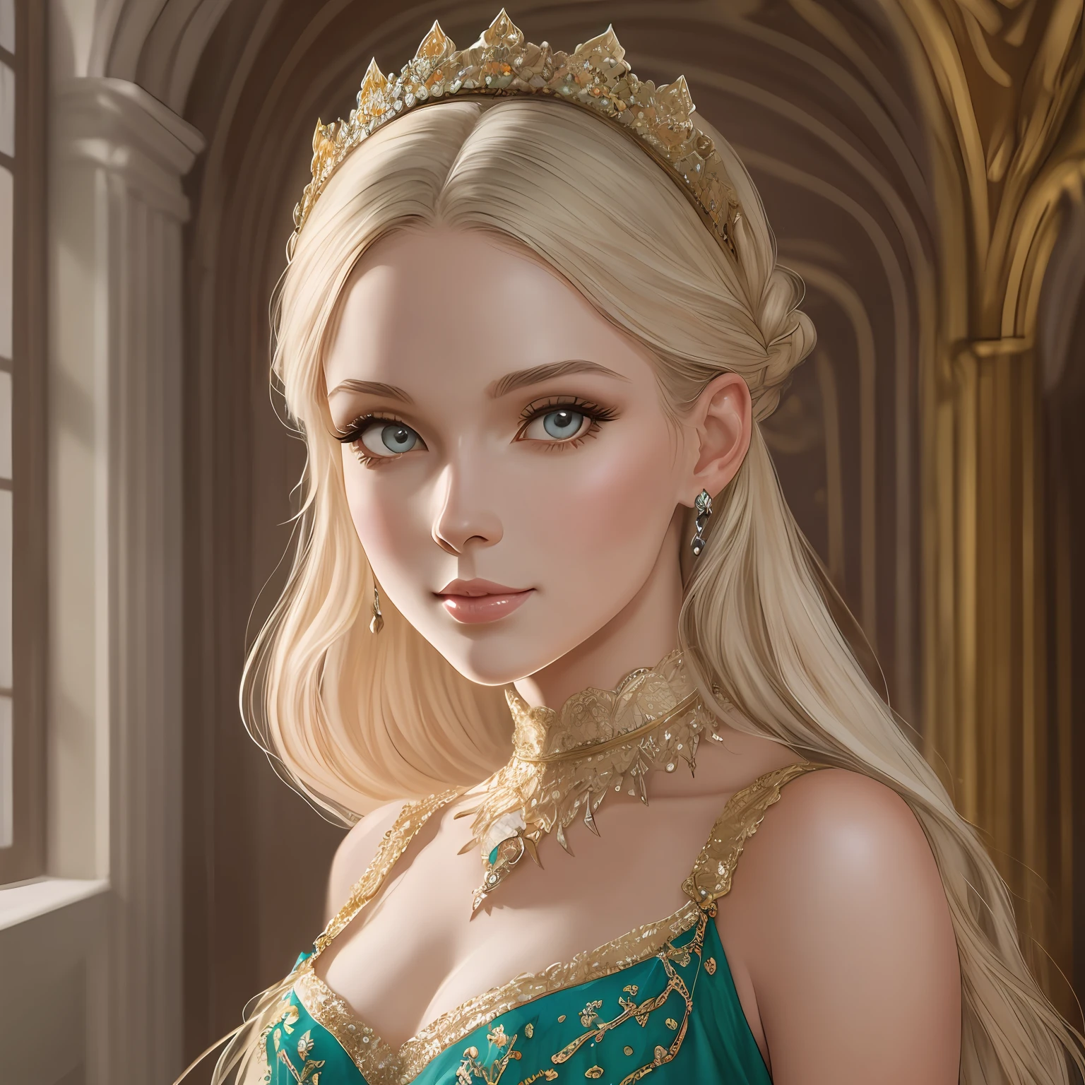 (Ultra Real), (Illustration), (High Resolution), (8K),Petite Body, (Very Detailed), (Best Illustration), (Beautiful Detailed Eyes), (Best Quality), (Super Detail), (Masterpiece), (Desktop Wallpaper), Beautiful Face, (Detailed Face), (Detailed Face), Clear Facial Features, Milky White, Fair Skin, High Detail Skin, Realistic Skin Details, Visible Pores, (Dynamic Pose), Walking in the Palace Hall, Stately Palace Hall, 1 Girl, Art by John Collier and Albert Obright and Krenz Kusatt and Artem Demura, brightly colored, shallow smile, camelto, half-body, perfect scale , open shoulder dress: 1.5, meadow of the estate, side light, ray luminescence, optical