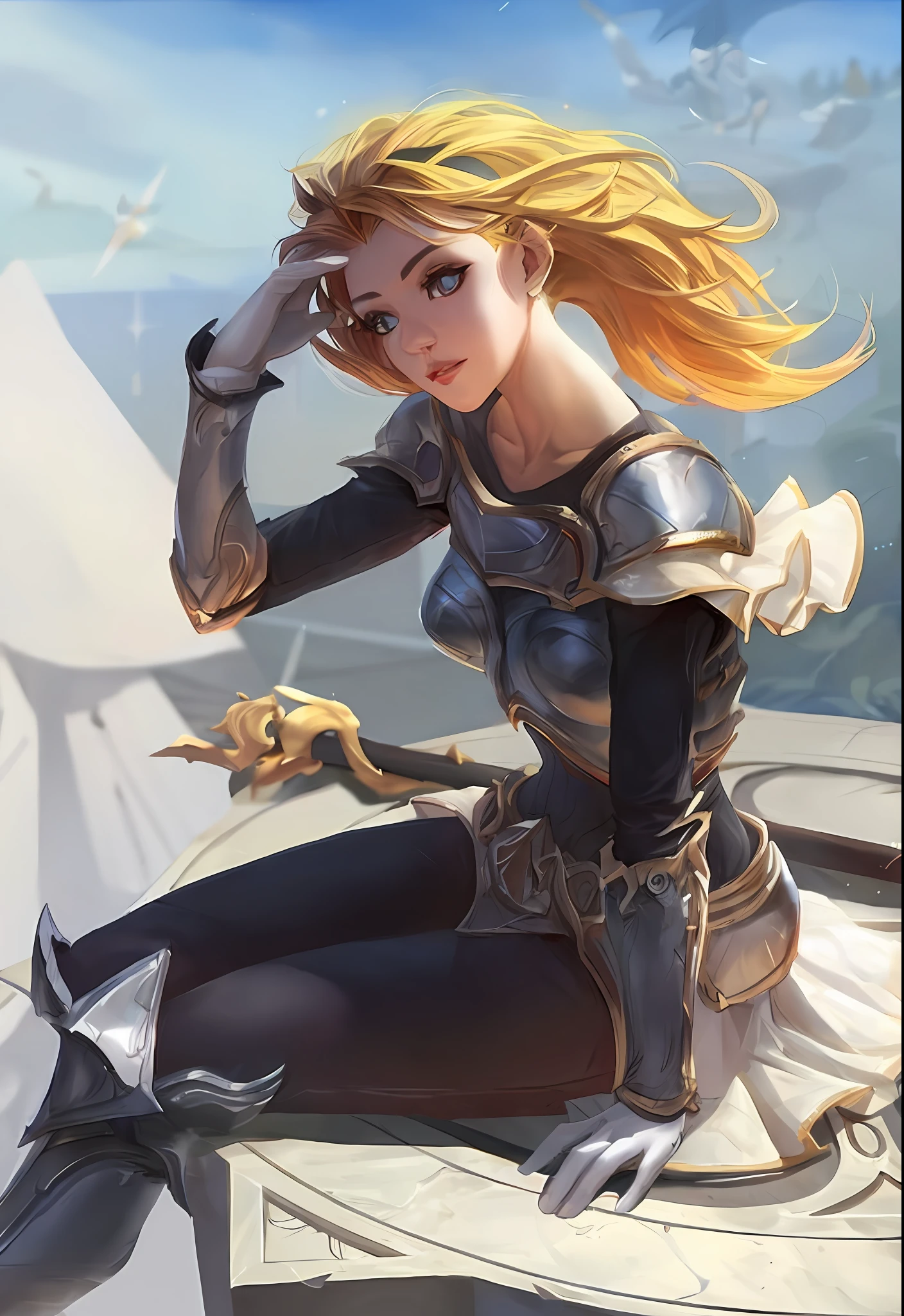 a woman in armor sitting on a ledge with a sword, extremely detailed artgerm, lux from league of legends, ig model | artgerm, gorgeous female paladin, aly fell and artgerm, portrait knights of zodiac girl, artgerm and rossdraws, style artgerm, krenz cushart and artgerm, knights of zodiac girl