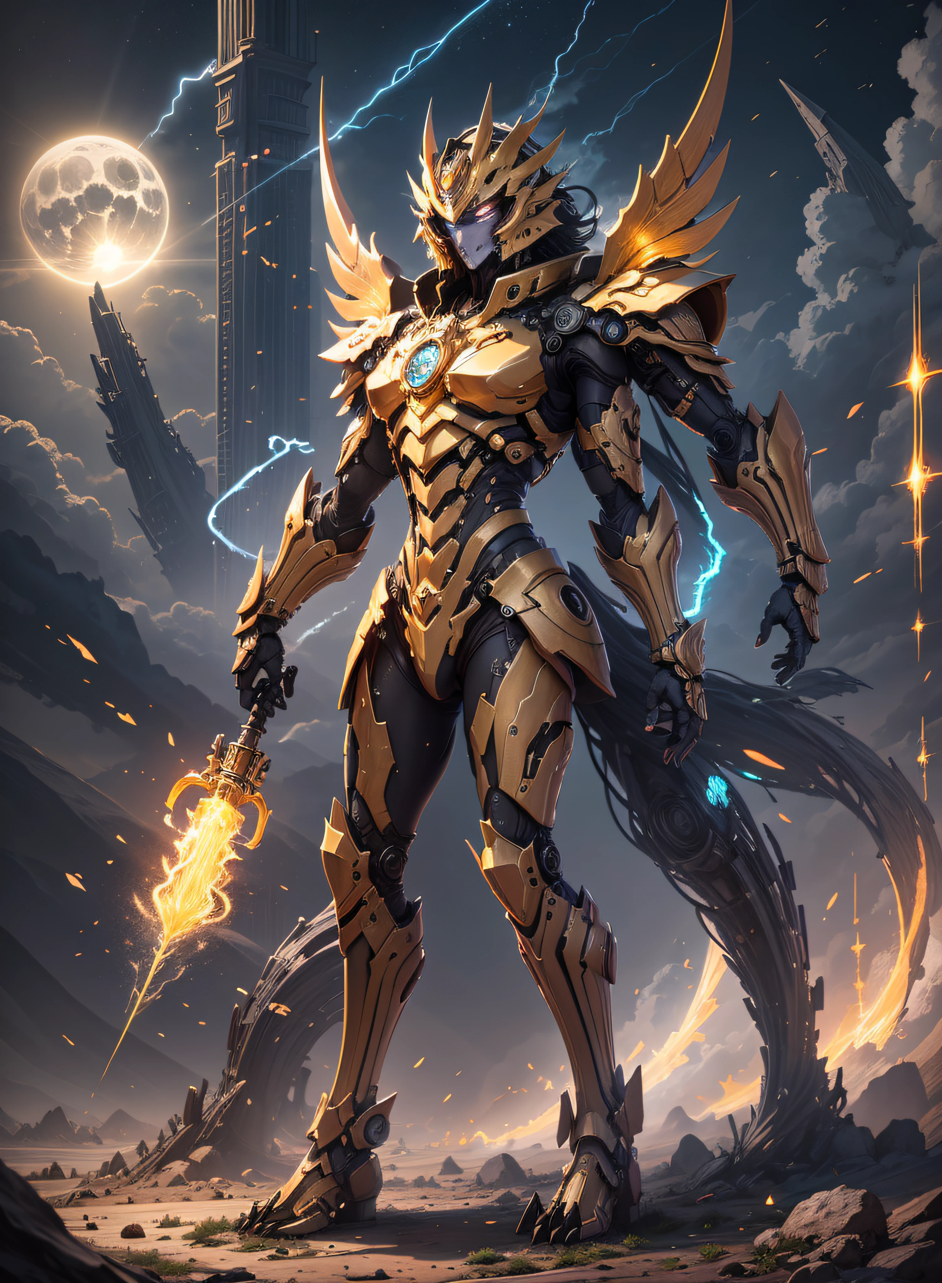 1 demon, emperor of darkness, detailed eyes, detailed face, detailed skin, mature body, tall body, seductive body, whole body, desert BREAK and pyramid bottoms, holding only a holy sun scepter, phoenix dragon in the sky, highly saturating sun rays, holy ceremony, angelic halo, dazzling golden and orange spark around, sacred magic circle, golden crown,  golden majestic lightning, best quality, masterpiece, trend in art station, BREAK, detailed, realistic, highly detailed digital art 8k, octane rendering, bioluminescent, concept art resolution BREAK 8K, realism, by studios Mappa, masterpiece, best quality, official art, illustration, ligne claire, (cool_color), perfect composition, absurdists, fantasy, focused, full body in attack pose, night sky with clouds,  full moon, 8k,