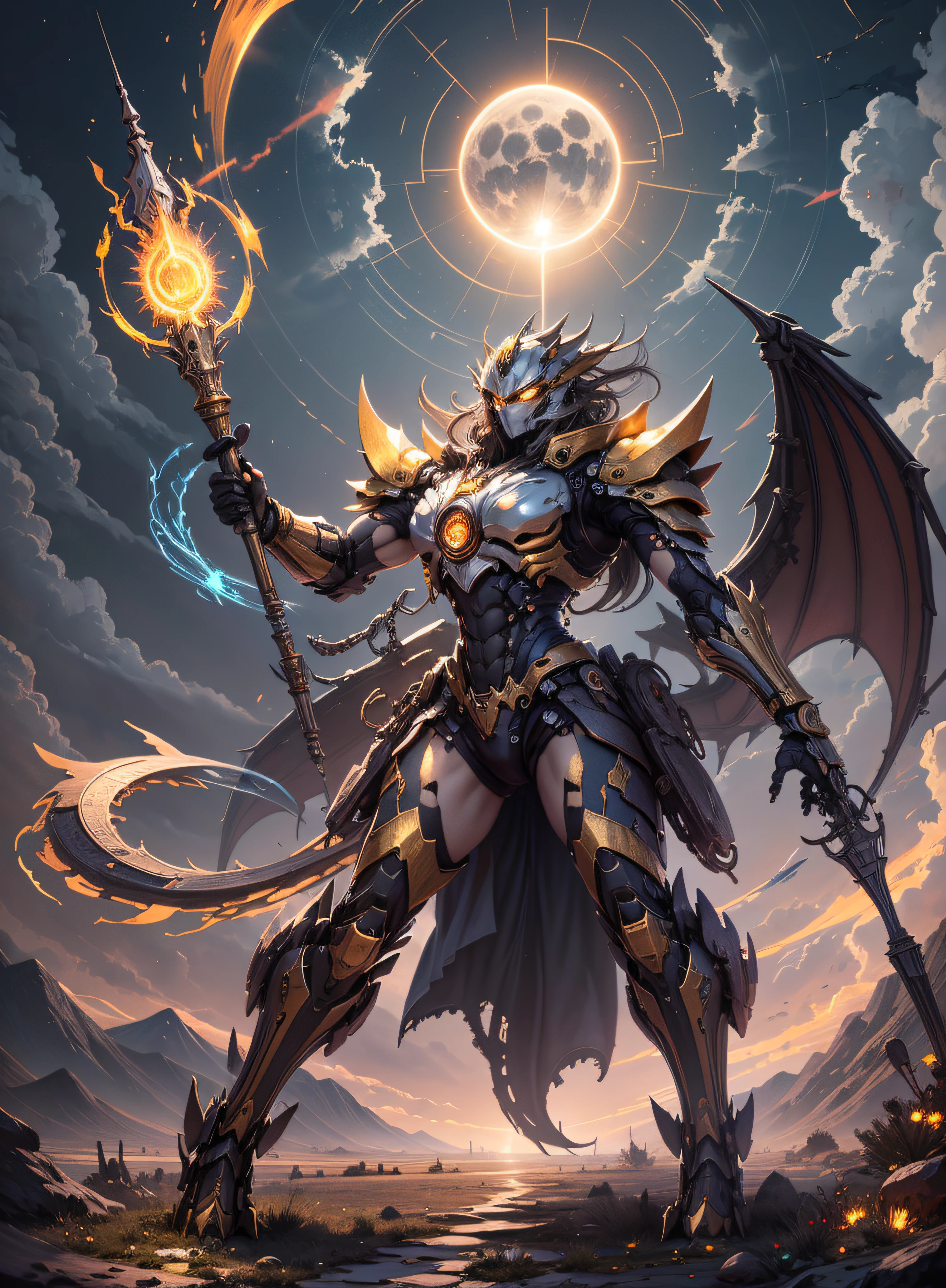 1 demon, emperor of darkness, detailed eyes, detailed face, detailed skin, mature body, tall body, seductive body, whole body, desert BREAK and pyramid bottoms, holding only a holy sun scepter, phoenix dragon in the sky, highly saturating sun rays, holy ceremony, angelic halo, dazzling golden and orange spark around, sacred magic circle, golden crown,  golden majestic lightning, best quality, masterpiece, trend in art station, BREAK, detailed, realistic, highly detailed digital art 8k, octane rendering, bioluminescent, concept art resolution BREAK 8K, realism, by studios Mappa, masterpiece, best quality, official art, illustration, ligne claire, (cool_color), perfect composition, absurdists, fantasy, focused, full body in attack pose, night sky with clouds,  full moon, 8k,