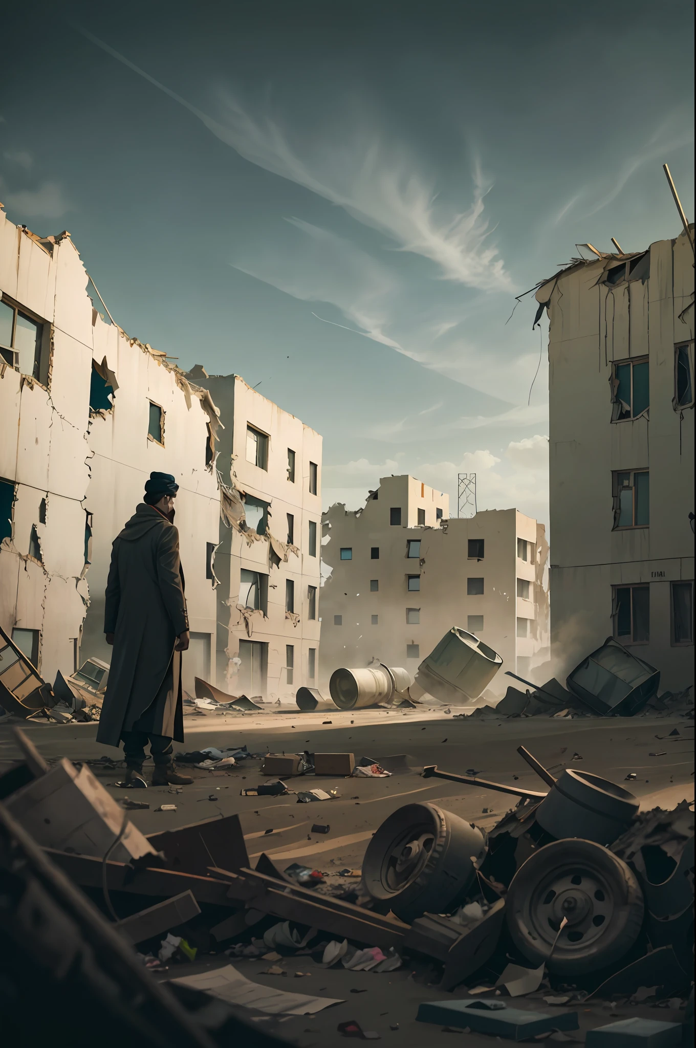 Amazing detailed photography of a prefect post apocalyptic abandoned town in Afghanistan, damaged buildings, sand covered, windy, empty town, garbage and wreckage, 1guy in a long black overcoat with a scarf and goggles standing in the center of the frame, cinematic, eerie, dusty, lonely, scary, tpmm 1.4,cinematic, drama, Cinematic light, soft light