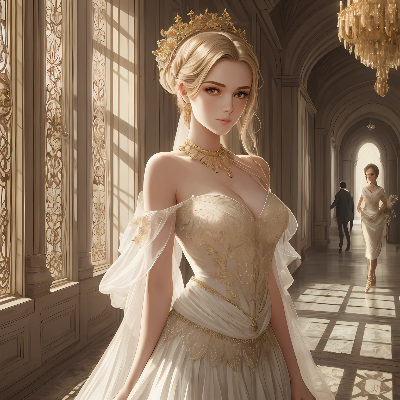 (Ultra Real), (Illustration), (High Resolution), (8K),Petite Body, (Very Detailed), (Best Illustration), (Beautiful Detailed Eyes), (Best Quality), (Super Detail), (Masterpiece), (Desktop Wallpaper), Beautiful Face, (Detailed Face), (Detailed Face), Clear Facial Features, Milky White, Fair Skin, High Detail Skin, Realistic Skin Details, Visible Pores, (Dynamic Pose), Walking in the Palace Hall, Stately Palace Hall, 1 Girl, Art by John Collier and Albert Obright and Krenz Kusatt and Artem Demura, brightly colored, shallow smile, camelto, half-body, perfect scale , open shoulder dress: 1.5, meadow of the estate, side light, ray luminescence, optical
