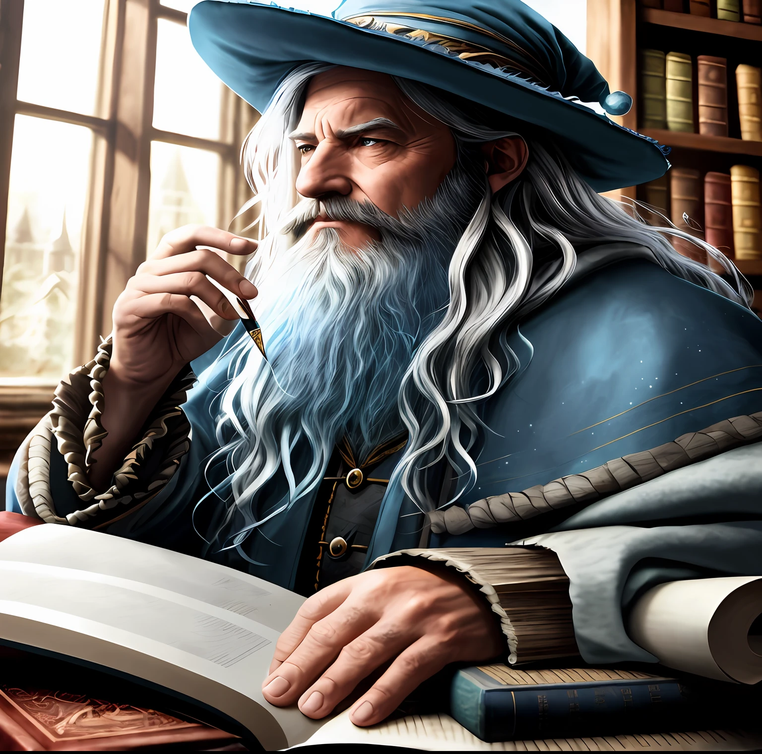arafed man with a long beard and a blue hat sitting at a table with a book, wizard sits reading at a desk, portrait of a wizard, wizard reading a directory, dumbledore, alchemist library background, male wizard, wizard, portrait of merlin, portrait of a mage, wizard casting a spell, closeup portrait of an mage, rpg book portrait