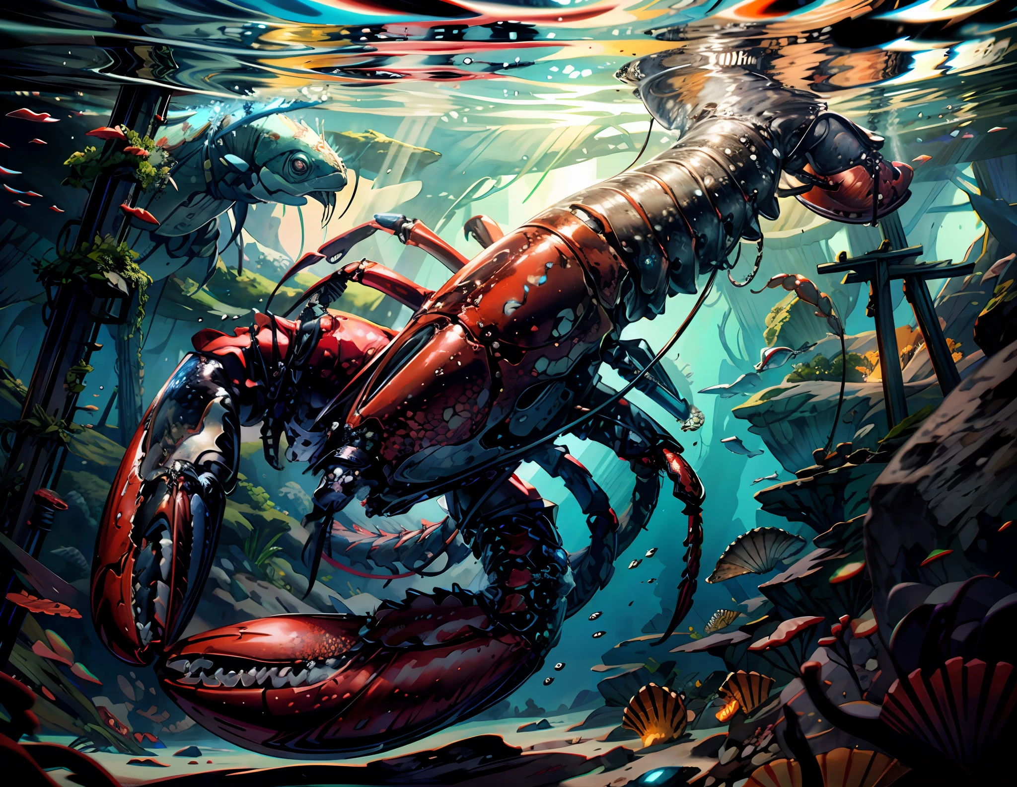 close shot of a colorful shell lobster, big pincers, shiny multicolored shell, detailed legs, detailed pincers, the lobster is crawling on a rock under the sea,crystal, coral ,focus, alien underwater landscape background .BREAK,Detailed,Realistic,4k highly detailed digital art,octane render, bioluminescent, BREAK 8K resolution concept art, realism,by Mappa studios,masterpiece,best quality,official art,illustration,ligne claire,(cool_color),perfect composition,absurdres, fantasy,focused,rule of thirds,