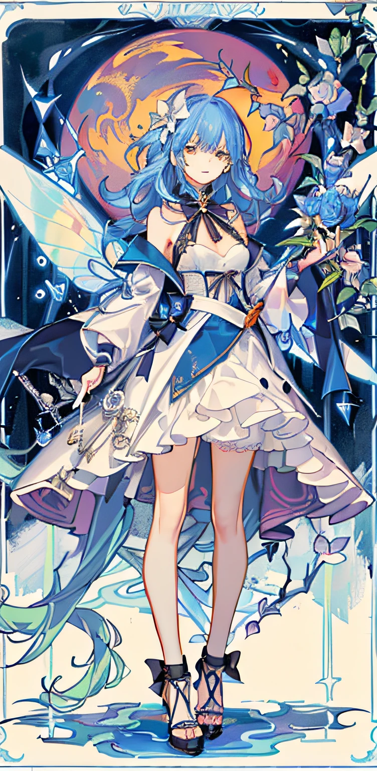 (Golden Ratio: 1.2),(Rose Graffiti:1.2),(Fault Color:1.3),[(White:1.4)::10],(Full-body:1.2),(Ultra Detail:1.3),(Tarot:1.6),(Magician:1.6),(Magician: Tarot): 1.6), (Paper: 1.2), (Fairy: 1.6), (Fairy Wings: 1.2), Full body, standing in the air, (Cool: 1.2), (Red Long Hair),(Butterfly Hair Ornament),( Floral Hair Ornament: 1.0),((Sandals,Rocket)),(Colorful Cocktail Long Dress:1.0)+ (Loose Sleeve Coat:1.3)+(Floating Colorful Tassel and Ribbon: 1.2),(White Stockings: 1.2),(Multicolored Ink Paper Flowers Growing on Face:1.2),(Colorful Flower Sea:1.3),(Chaotic Geometric Image:1.3 ), (Negative space: 0.8), (Drawing board: 1.3), (Ether Colorful Ink Flow: 1.3)