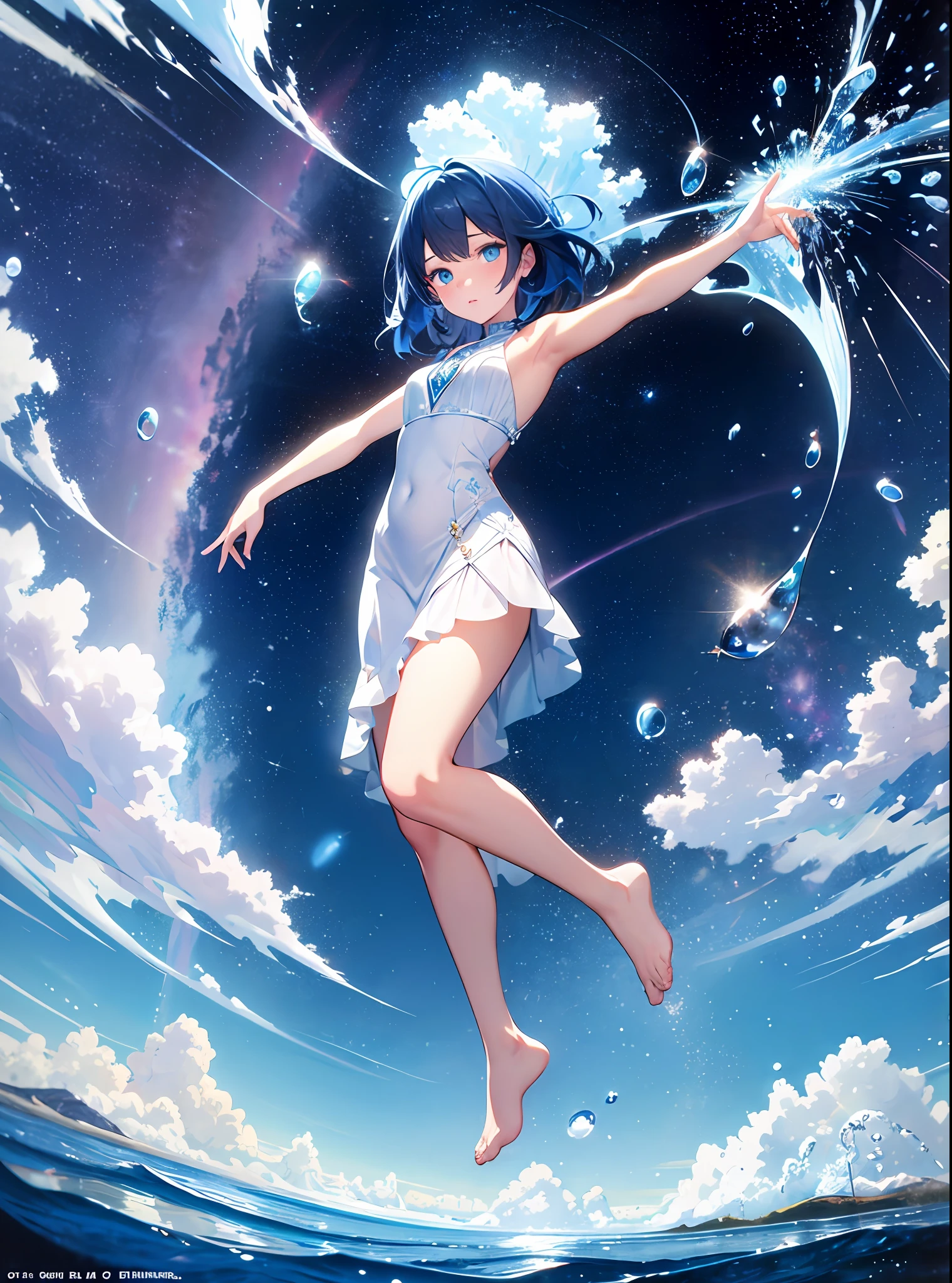 absurdres, highres,, (official art, beautiful and aesthetic:1.2), 
1girl, blue hair, middle hair, blue eyes, shining eyes, 
white long dress, Blue Frill,
blue sky, Sparkling Galaxy, (Salar de Uyuni:1.2),
(Surrealism:1.15), (fractal art:0.3),
water effects, ripple effects, (flower effects:0.65), light effects,