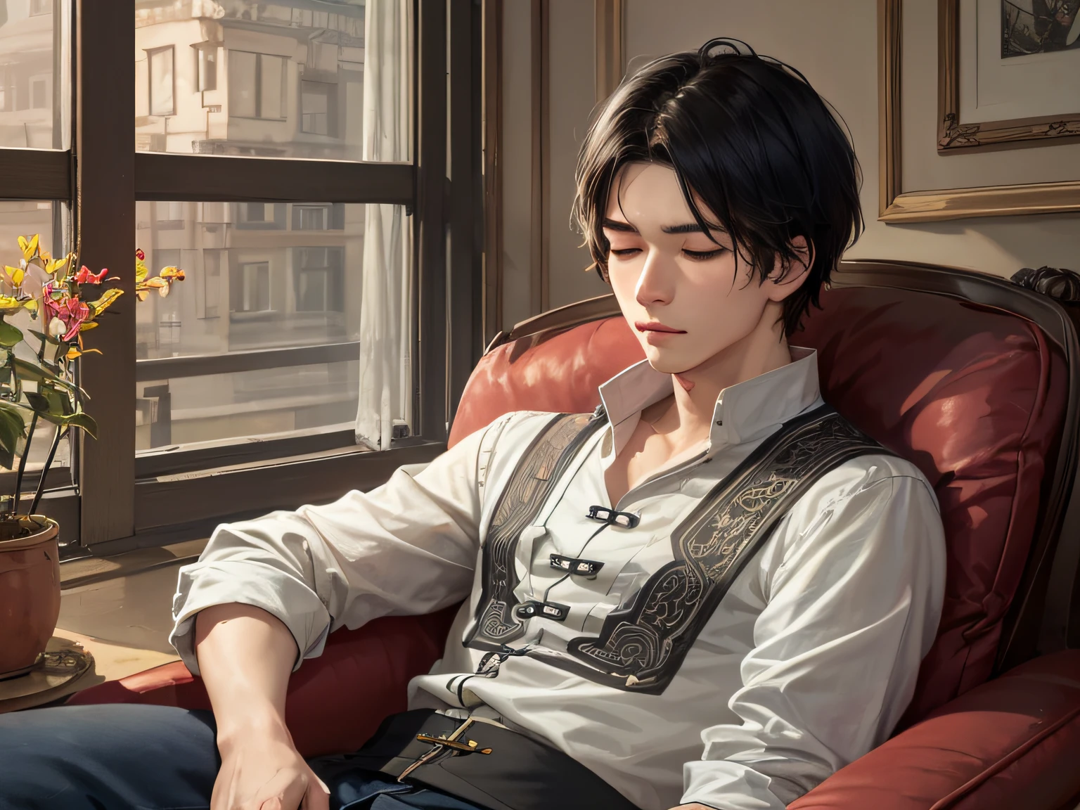 1 man, 22 years old, recliner, sleeping, eyes closed, leisurely, fan, antique shop, ((ultra-realistic details)), Chinese Republic of China style, looking from the outside, short black hair, shabby clothes, 8k, a pair of bright eyes