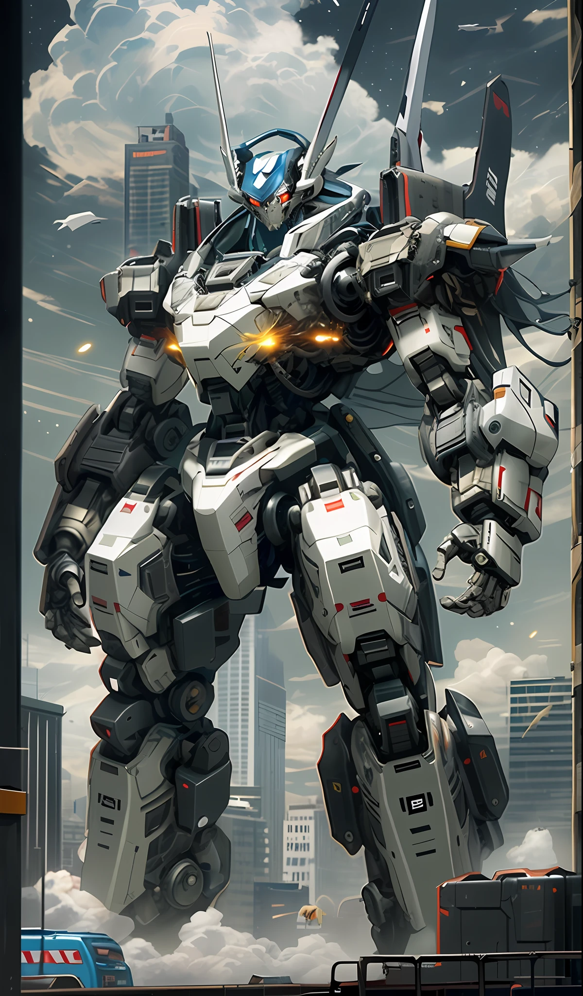 ultra hd, 4k, arafed robot with a gun in the city with a cloudy sky, alexandre ferra white mecha, mecha inspired, mecha art, cool mecha style, alexandre ferra mecha, portrait of a mech, mecha suit, big mecha, white mecha, painterly humanoid mecha, comic book style battlemech