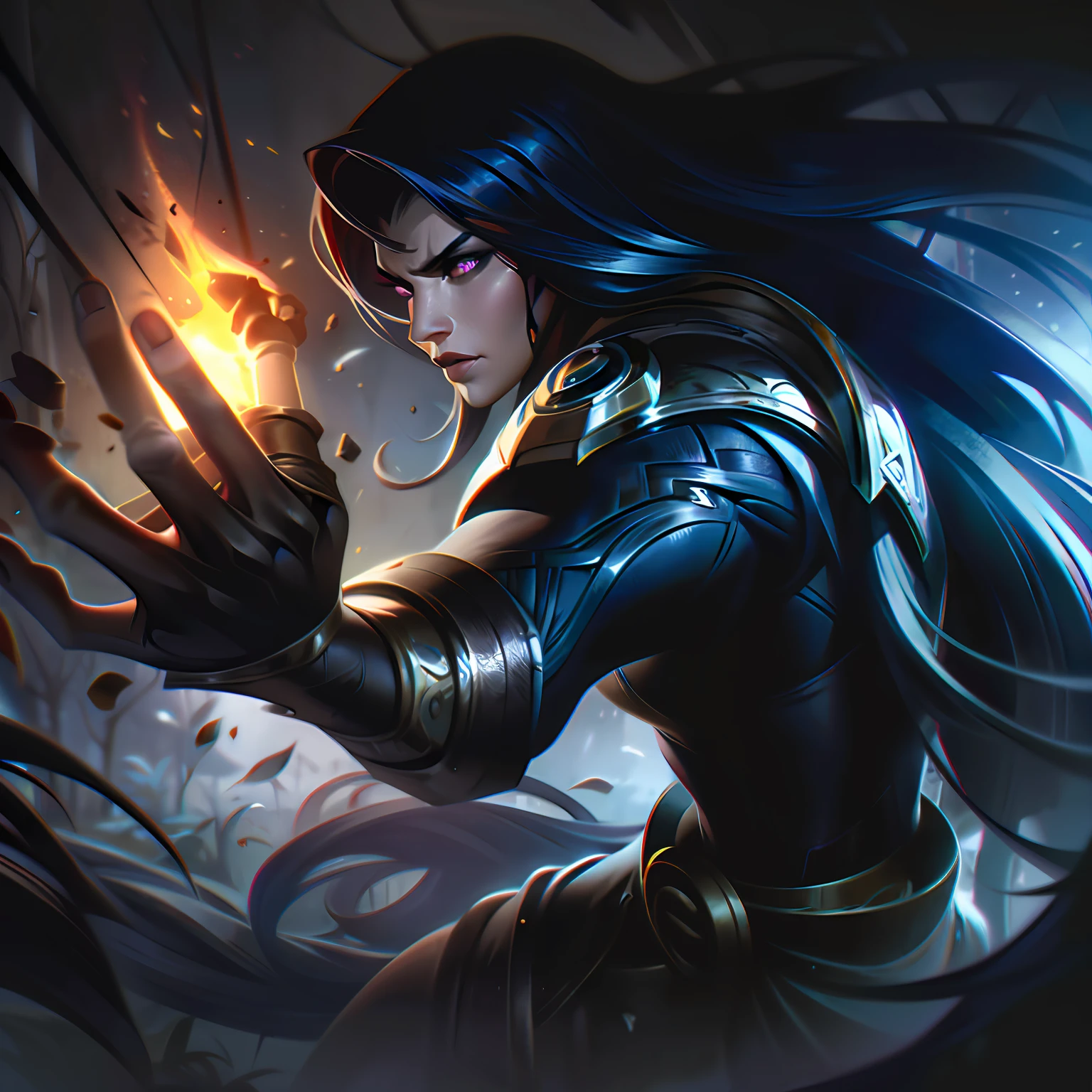 ((masterpiece, ultra detailed)), concept art, illustration, digital art, 1girl, solo, young woman with robotic arm((angry face)) hiding in the forest ((whit a katana )) , ((very long hair , black hair)),((red iris
)), knight, black armor with silver knight, ((incredibly beautiful)), beautiful eyes, dynamic pose, ready battle stance, graceful pose, ruinedlol, black smoke with ash, dark theme, hdr, bloom, glowing, dimming lighting, backlight, cinematic lighting, soft lighting, natural lighting, dramatic lighting, dark lighting, (ornate), intricate, highly detailed, hyper realistic, trending on artstation, award winning, mesmerizing, elegant, RAW photo, absurd, highres, 4k , studio quality, octane, 8k uhd, close up, league of legends, splasart