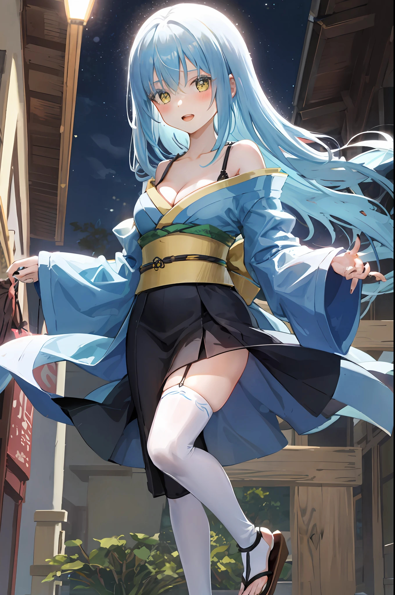 Rimuru tempest, 1girl, solo, cute kimono, wooden sandals, black thighhighs, medium breast, cleavage, japan akihabara, night view, hair between eyes, long hair, looking at viewer, light blue hair, blue short nails, solo, thighhighs, thighs, ((masterpiece)), standing, sexy pose, blush, shy, show teeth, detailed hand, beautifull finger,
