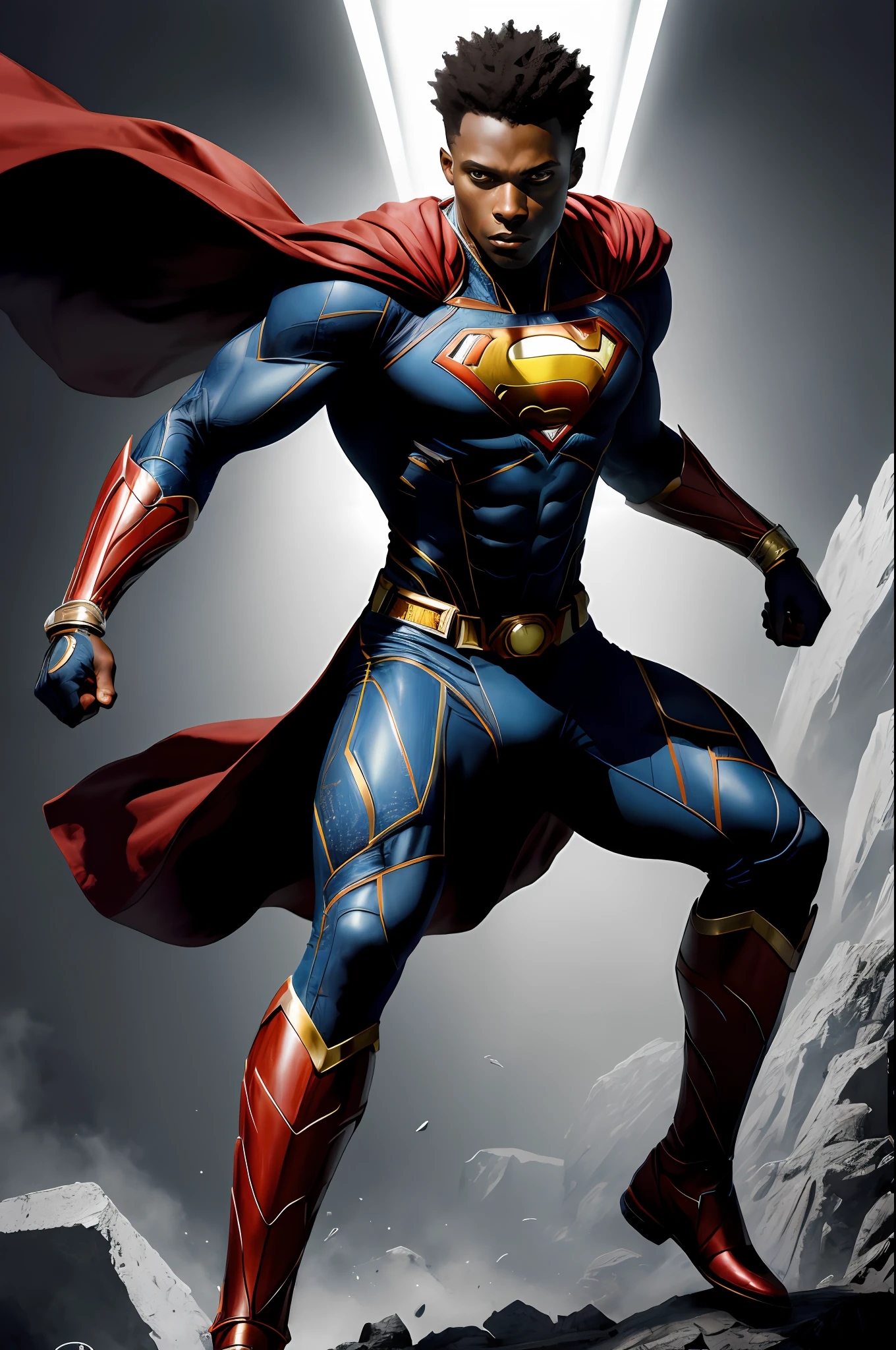 (16k, RAW photo, best quality, masterpiece: 1.2), ultra-detailed, formal art, photorealism: 1.37, upper body photo, (man ((African), super hero beauty Super shock, film grain, action pose