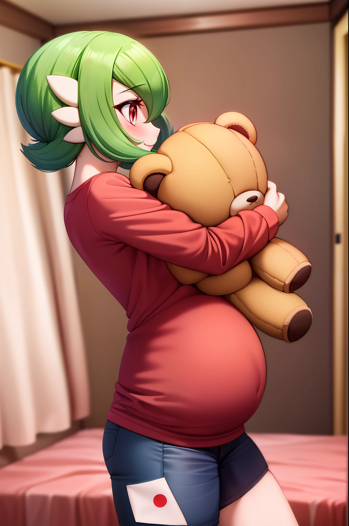 masterpiece, best_quality, 1girl, solo, gardevoir, pokemon\(creature\), green hair, red eyes, smile, in a bedroom, standing next to a bed, pregnant, casual clothes, red blouse, black shorts, blush, profile, blush, laughter, carries a teddy bear in her arms, carries a teddy bear as if it were a baby.
