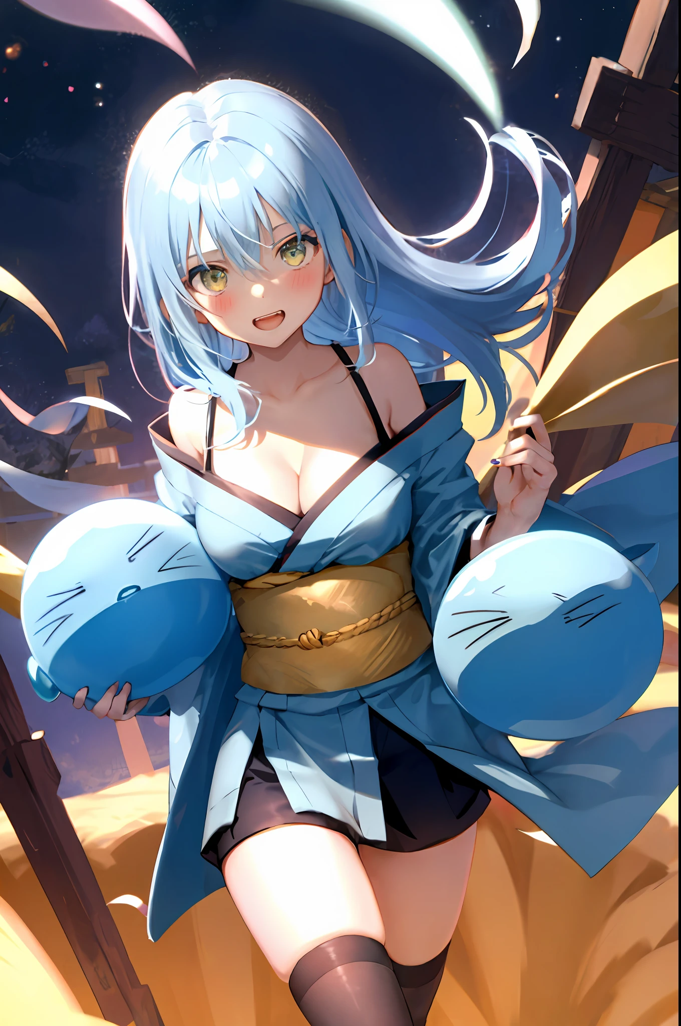 Rimuru tempest, 1girl, solo, cute kimono, wooden sandals, black thighhighs, medium breast, cleavage, japan akihabara, night view, hair between eyes, long hair, looking at viewer, light blue hair, blue short nails, solo, thighhighs, thighs, ((masterpiece)), standing, sexy pose, blush, shy, show teeth, detailed hand, beautifull finger,
