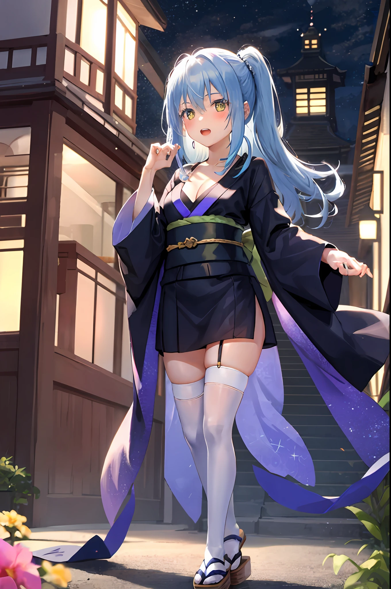 Rimuru tempest, 1girl, solo, cute kimono, wooden sandals, black thighhighs, medium breast, cleavage, japan akihabara, night view, hair between eyes, long hair, looking at viewer, light blue hair, blue short nails, solo, thighhighs, thighs, ((masterpiece)), standing, sexy pose, blush, shy, show teeth, detailed hand, beautifull finger,