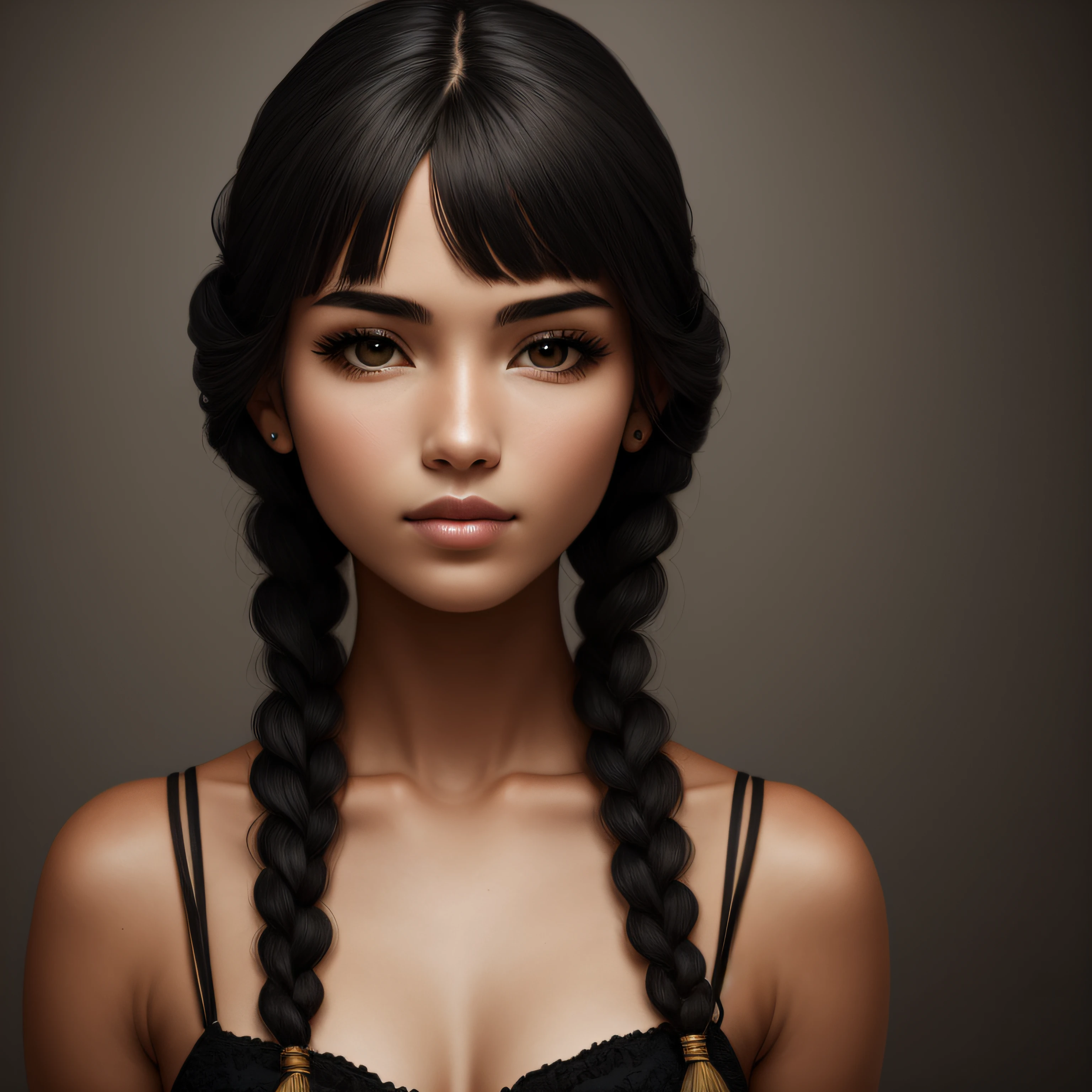 Black-haired woman with olive skin braids 18-year-old black-eyed woman dressed in black