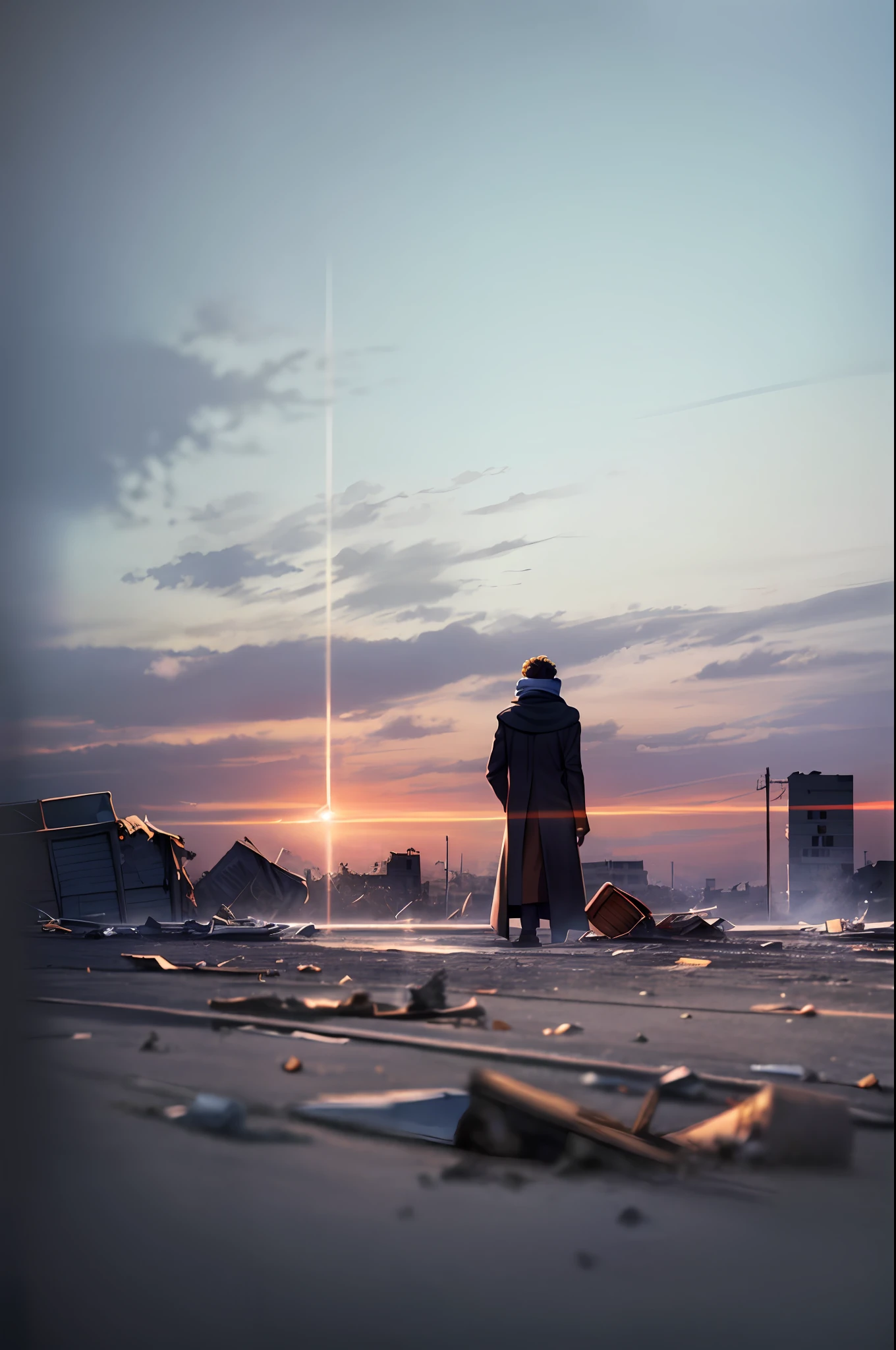 Amazing detailed photography of a prefect post apocalyptic abandoned town in Afghanistan, damaged buildings, sand covered, windy, empty town, garbage and wreckage, 1guy in a long black overcoat with a scarf and goggles standing in the center of the frame, cinematic, eerie, dusty, lonely, scary, tpmm 1.4,cinematic, drama, Cinematic light, soft light