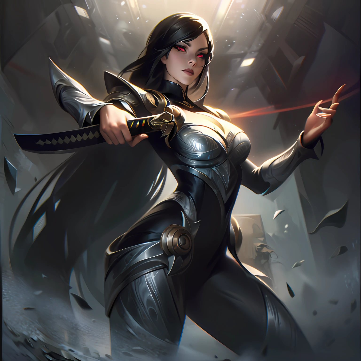 ((masterpiece, ultra detailed)), concept art, illustration, digital art, 1girl, solo, mature woman hiding in the forest ((whit a katana damascus steel flower patter))
, ((very long hair, black hair)),((red eyes)), knight, armor black with silver knight, ((incredibly beautiful)), beautiful eyes, dynamic pose, ready battle stance, graceful pose, ruinedlol, black smoke with ash, dark theme, hdr, bloom, glowing, lighting dimming, backlight, cinematic lighting, soft lighting, natural lighting, dramatic lighting, dark lighting, (ornate), intricate, highly detailed, hyper realistic, trending on artstation, award winning, mesmerizing, elegant, RAW photo, absurd, highres , 4k, studio quality, octane, 8k uhd, close up