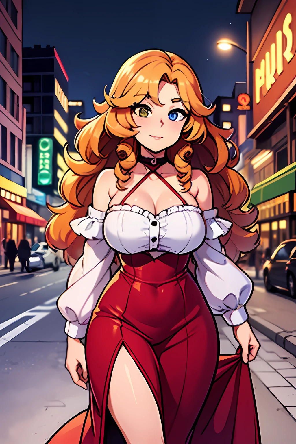 high resolution, professional lighting, a woman in a red dress walking down a street, light novel cover art, heterochromia, ssr card, curly copper colored hair, very very curly blond hair, friendly art, cowgirl, height 178, tablecloth, 10, tcg, iowa, city street, fleurfurr, masterpiece, best quality