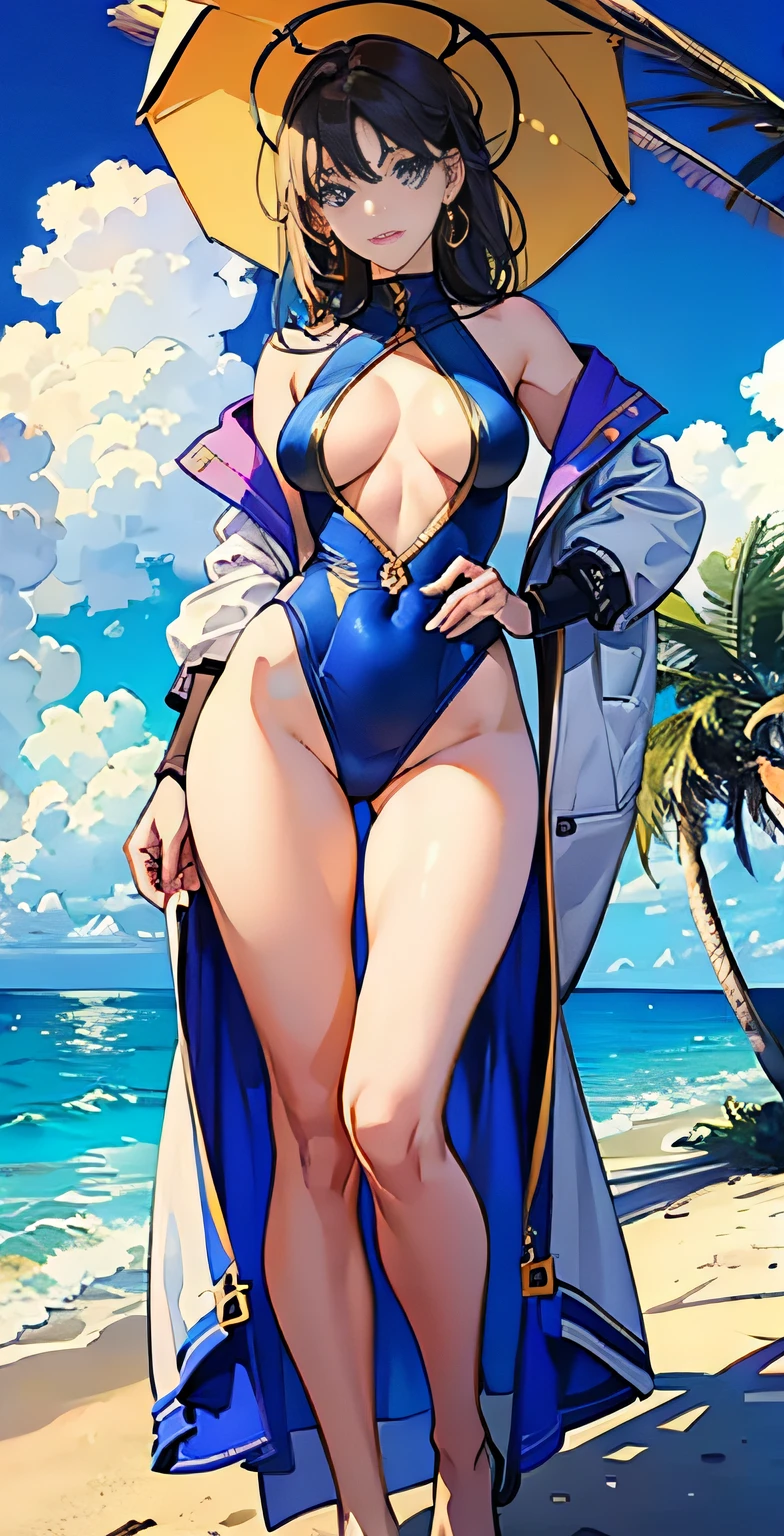 Top quality, masterpiece, girl one, (beautiful woman), complex swimsuit, closed swimsuit, high-leg swimsuit, very elaborate, full body, beach, vivid, professional lightness, golden ratio, beautiful appearance, 4k, slim body, angel eyes,