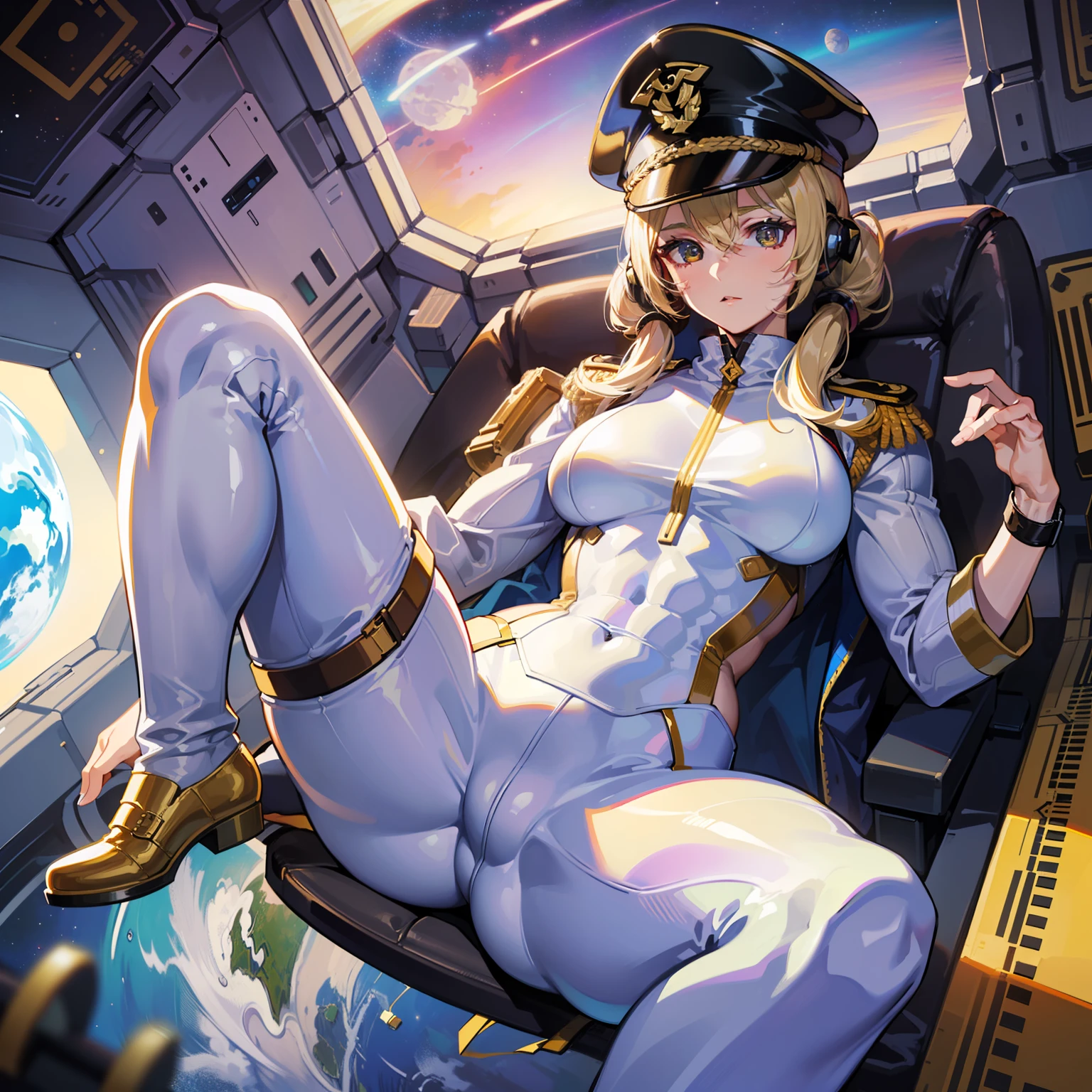 ((Masterpiece)), ((Highest Image Quality)), (((Best Quality)), (Illustration of One Girl), Full Body, 25 Years Old, (Neutral)), ((Blonde Twin Tails)), Light Golden Eyes, (Tall)), (Muscular Strong Body)), ((Muscular and Thick Body)), ((Muscular and Thick Arms)), ((Muscular and Thick Legs)), (Manspreading)), Open Legs, (((Army Uniform)), (Army Hat)), (((Army Coat)), (white clothes), (white pants), (white hat), trench coat, ((inside the spaceship, sitting in the captain's seat)), (outside the window, space, Earth seen from space, spaceport)