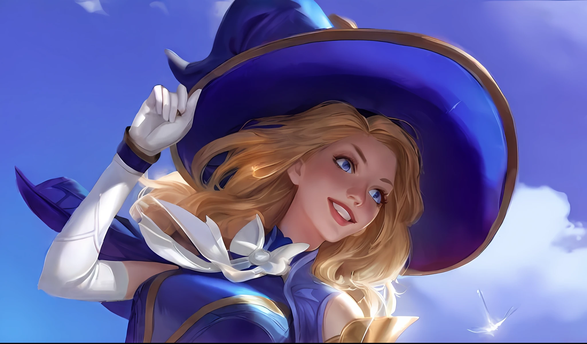 a close up of a woman in a blue dress and a purple hat, iconic character splash art, official splash art, jaina proudmoore, style artgerm, artgerm detailed, splash art, stanley artgerm lau, ashe, character splash art, extremely detailed artgerm, artgerm style, artgerm lau, leblanc