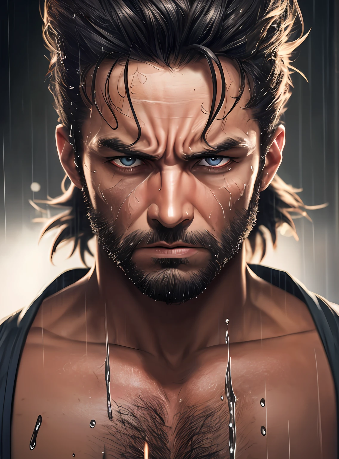 Wolverine bearded, front, frontal, sweaty, tired face, muscular, indignant, wet, training, Camera away, (focus sharp:1.2), an award-winning photo of a struggling fighter, portrait, drops of water, expression of tiredness , 30 years old, storm outside, lightning backlighting, , lines on face, wrinkles, extremely detailed skin, sadness, dark skin tone, hopelessness, beautiful bleary eyes, (deep shadows:1.1), high contrast, absurd, 8k , (high quality: 1.3), artstation hd, concept art, detailed face and body, award winning photography, (Poor lighting-moody:1.2), depth of field, bokeh, 4K, hdr, mean face --auto --s2