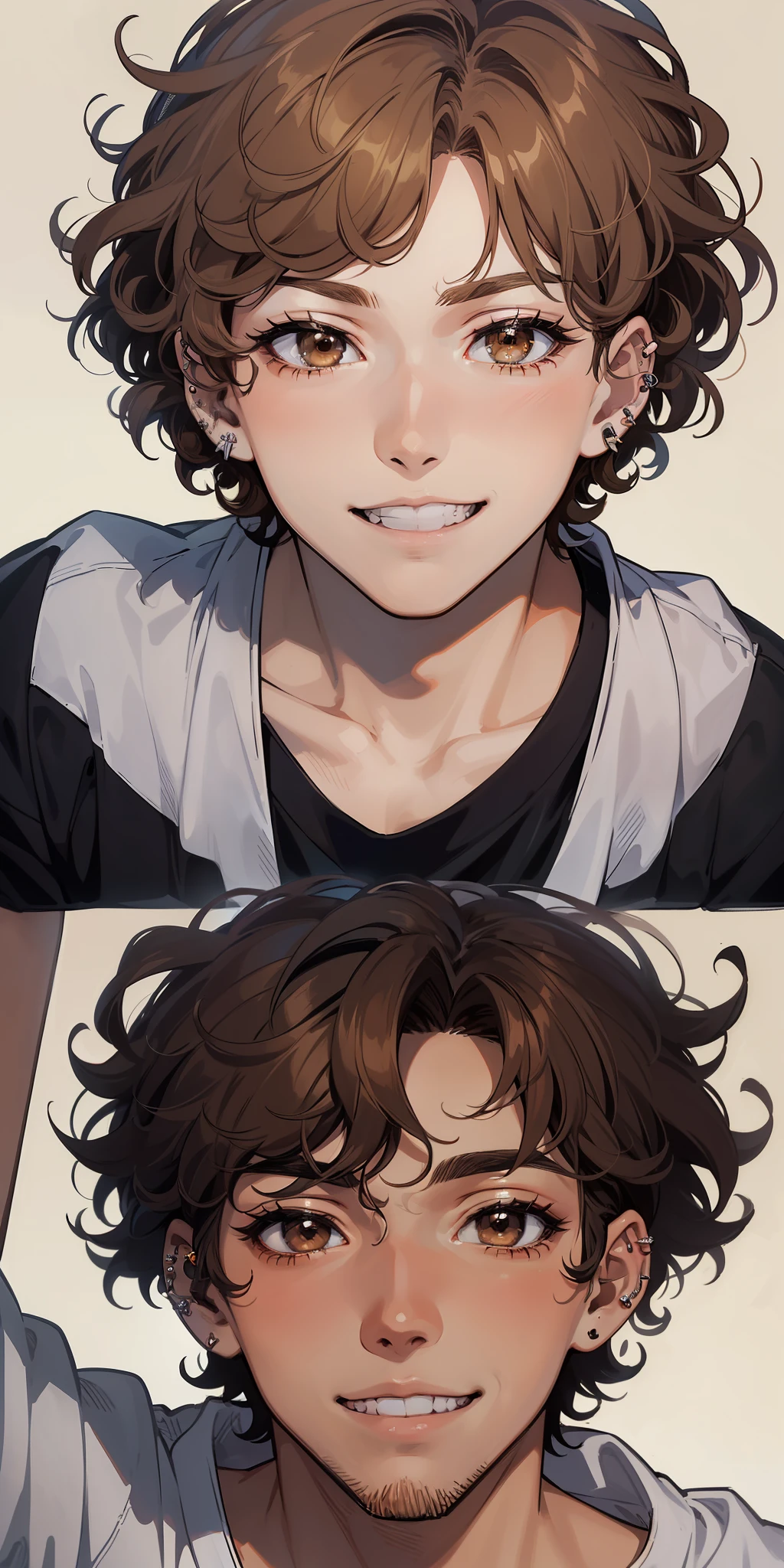 ((masterpiece)), ((best quality)), ((anime profile style)), ((brown skin)), 20 year old boy, male face, ((light brown eyes)), ((perfect )), eyebrow, nose, ear, ((ear piercing)), mouth, smile, ((teeth showing)), ((curly hair)), neck, shoulders, arms, ((shirt)), background