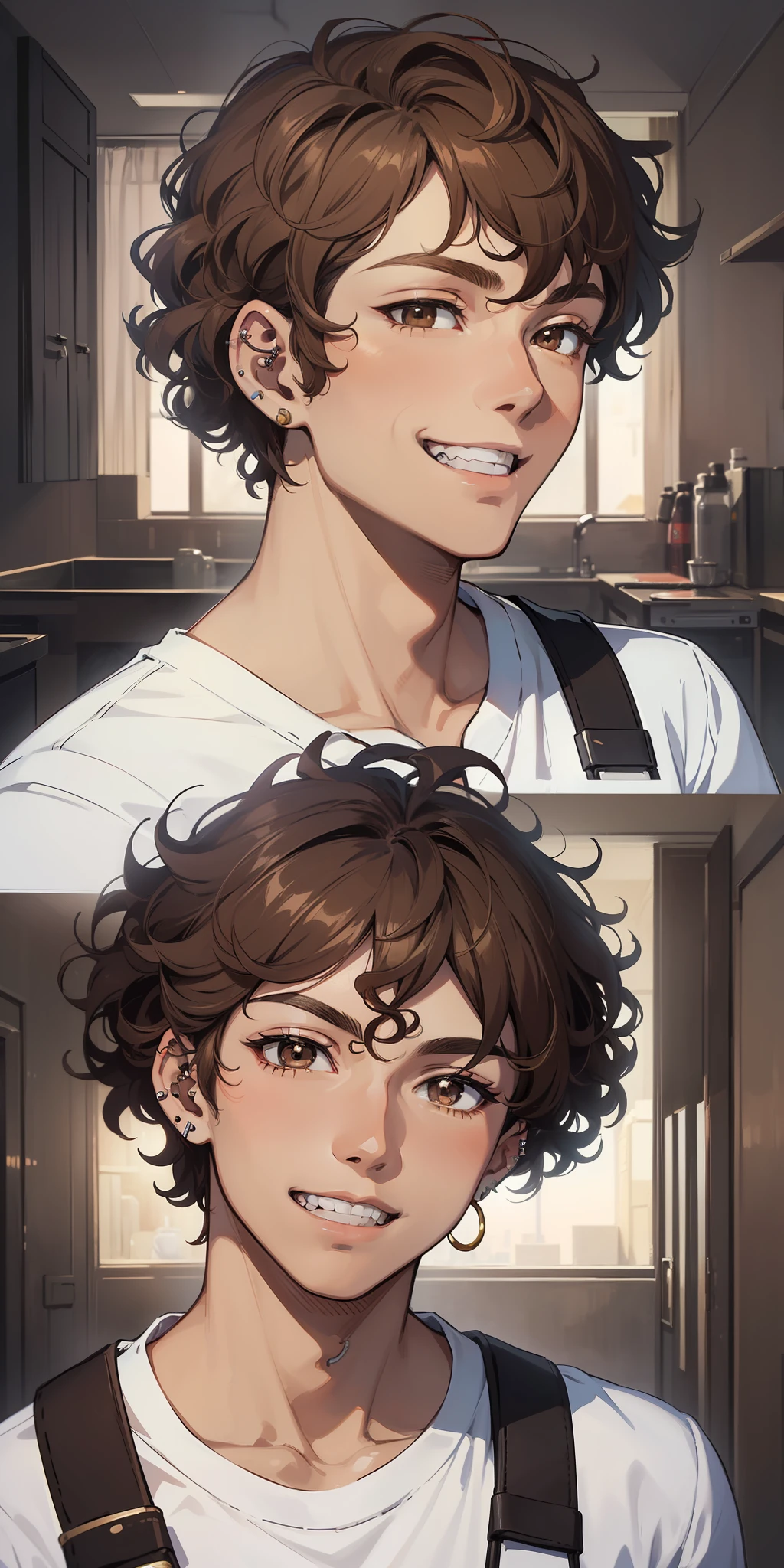((masterpiece)), ((best quality)), ((anime profile style)), ((brown skin)), 20 year old boy, male face, ((light brown eyes)), ((perfect )), eyebrow, nose, ear, ((ear piercing)), mouth, smile, ((teeth showing)), ((curly hair)), neck, shoulders, arms, ((shirt)), background