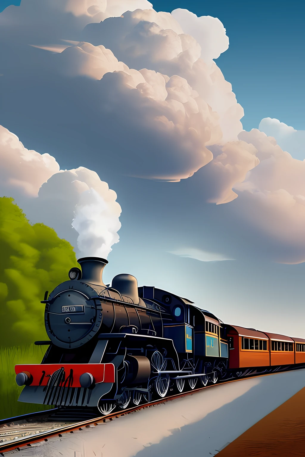 (hot clouds), locomotive, train wagons, station, illustration, lots of drama