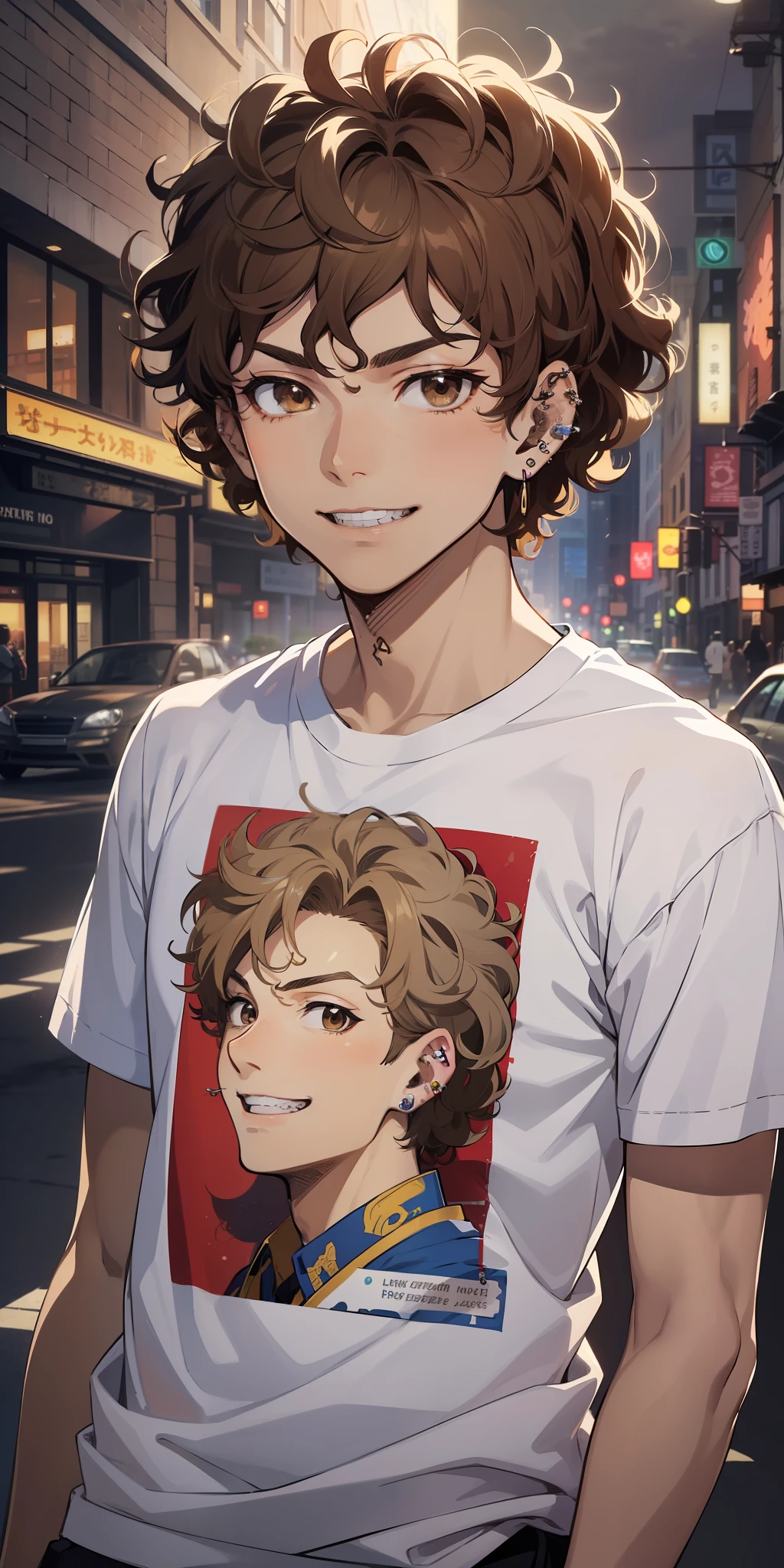 ((masterpiece)), ((best quality)), ((anime profile style)), ((brown skin)), 20 year old boy, male face, ((light brown eyes)), ((perfect )), eyebrow, nose, ear, ((ear piercing)), mouth, smile, ((teeth showing)), ((curly hair)), neck, shoulders, arms, ((shirt)), background