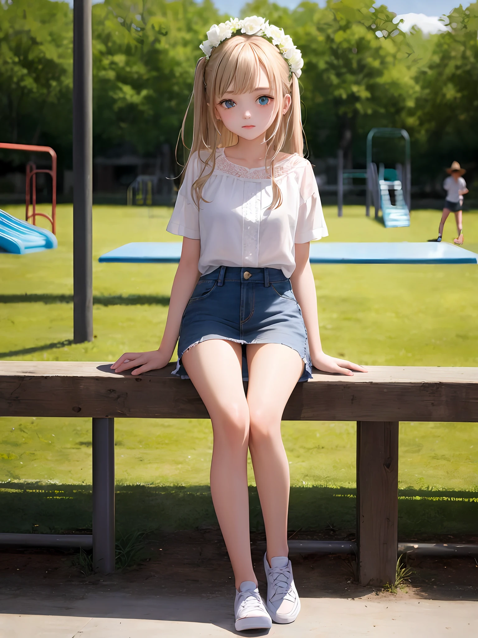1girl, (masterpiece:1.1), (best quality:1.1), (white blouse:1.1), BREAK [blue:pink:0.5] theme, cowboy shot, full body, sideways view, looking at the audience, break flaxen hair, long hair, delicate facial features, blue eyes, flowers on the head, white top, denim miniskirt, white sneakers, sitting position, playground, selling cute
