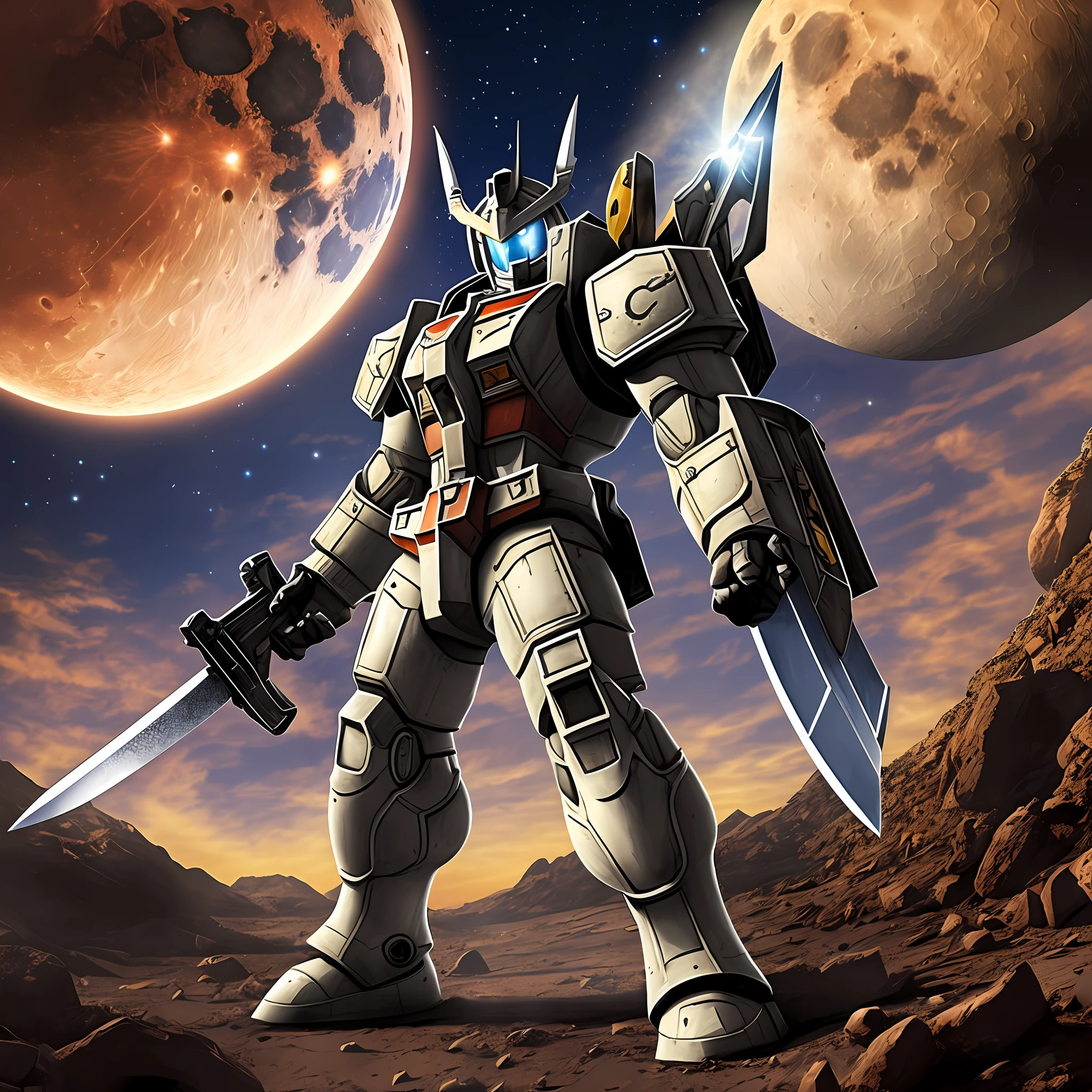 "Mobile suit Gundom in a victorious battle pose, under the shining sun, on Earth, the Moon, Mars, and as a warrior of the Zion faction, wielding a powerful sword, in the year 4794."